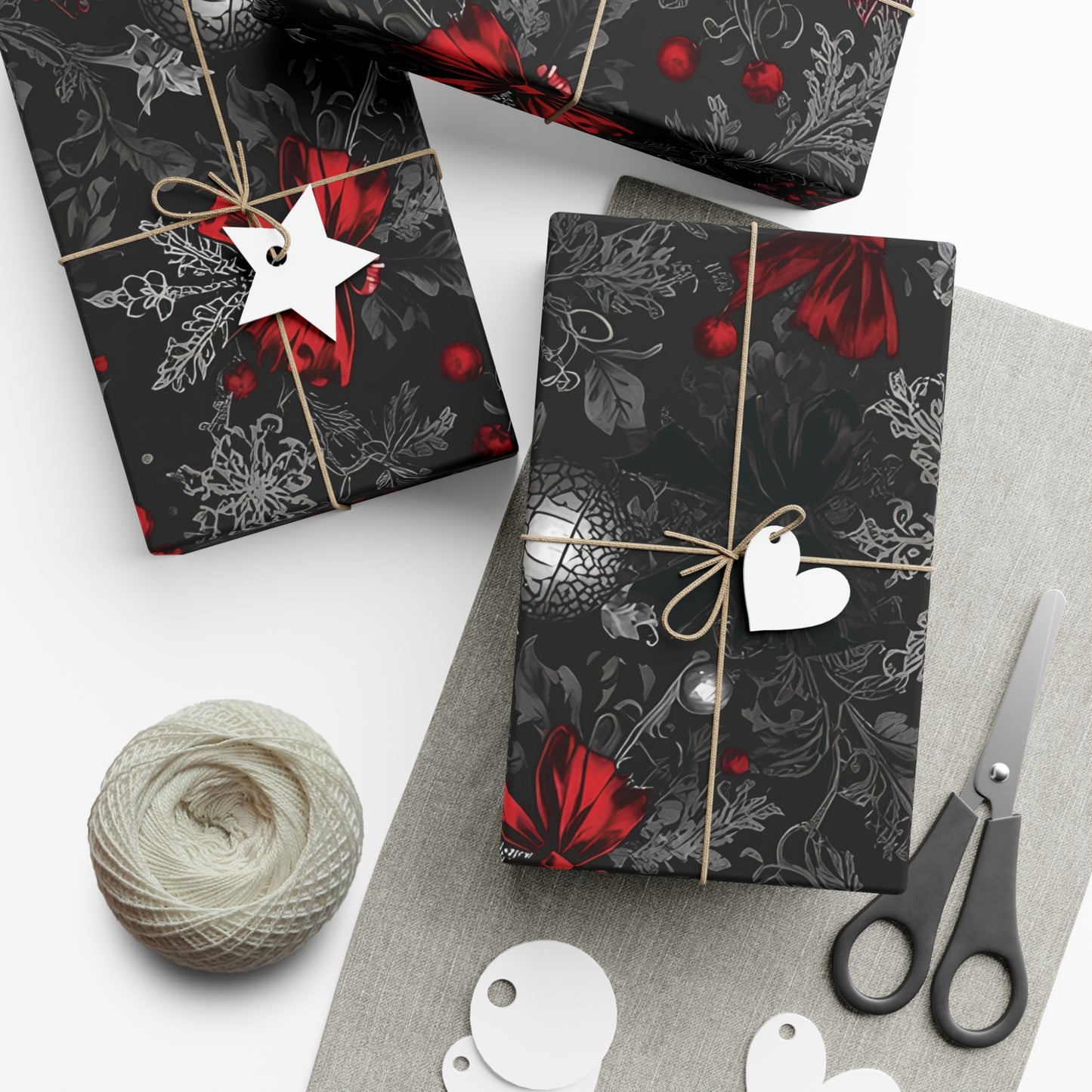 Elegant Victorian Gothic Christmas Wrapping Paper – Dark Holiday Gift Wrap with Red Bows & Snowflakes