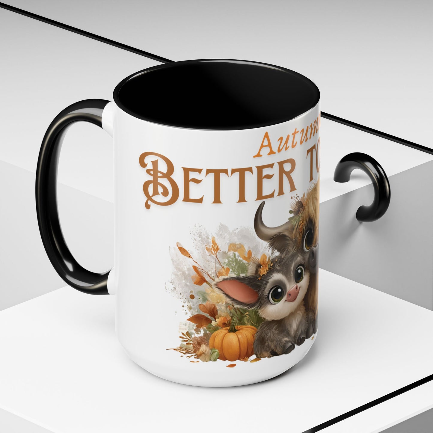 Autumn is Better Together Highland Cow Accent Coffee Mug Fall Mama and Baby Cow Cup White Ceramic with Color Handles 11oz or 15oz