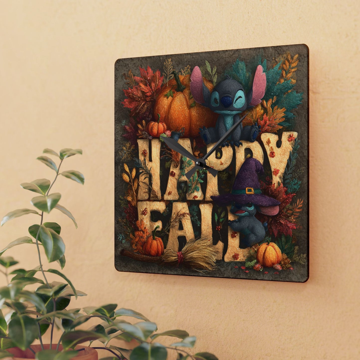 Fall-Themed Acrylic Wall Clock, Happy Fall Decor, Seasonal Home Accessory, Autumn Wall Art, Harvest Time Clock Printify