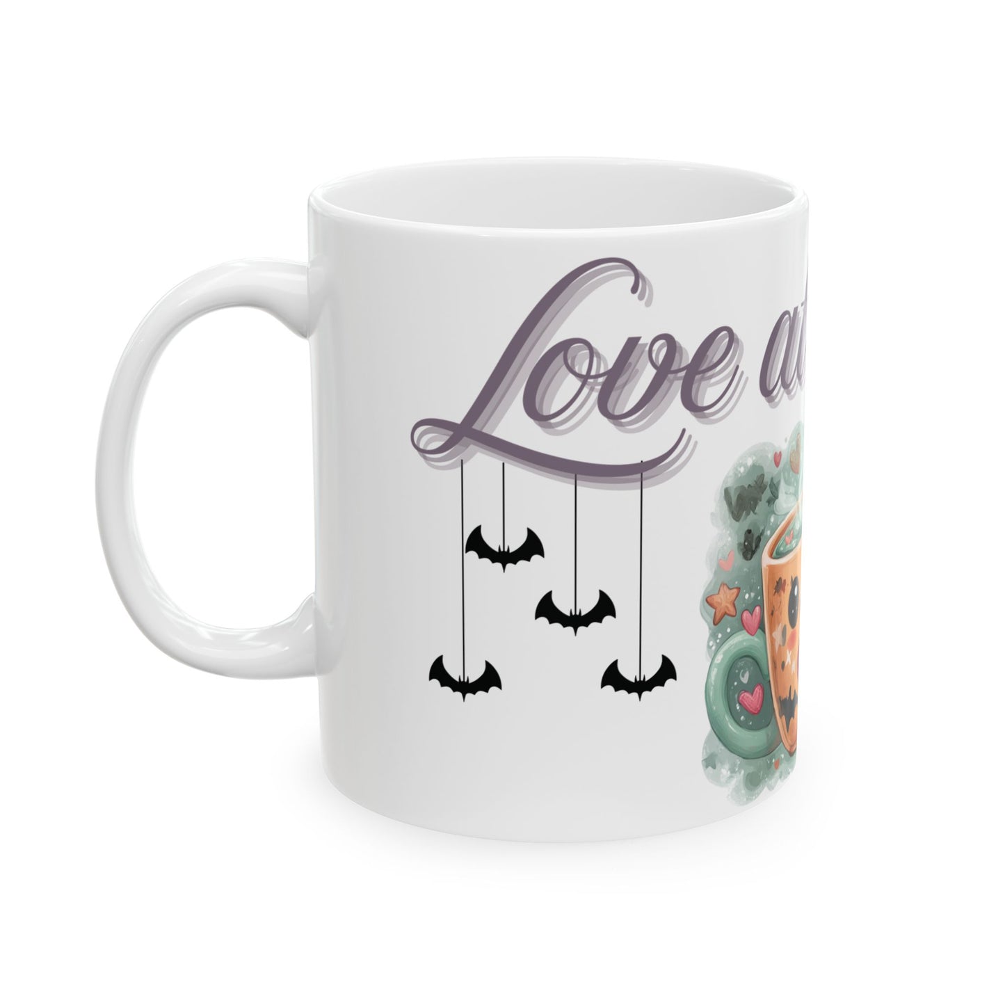 Whimsical Bat Ceramic Mug, Love at First Sip Kawaii Style Coffee Cup, 11oz, 15oz - Halloween Gift, Animal Lover, Cute Kitchen Decor, Vampire