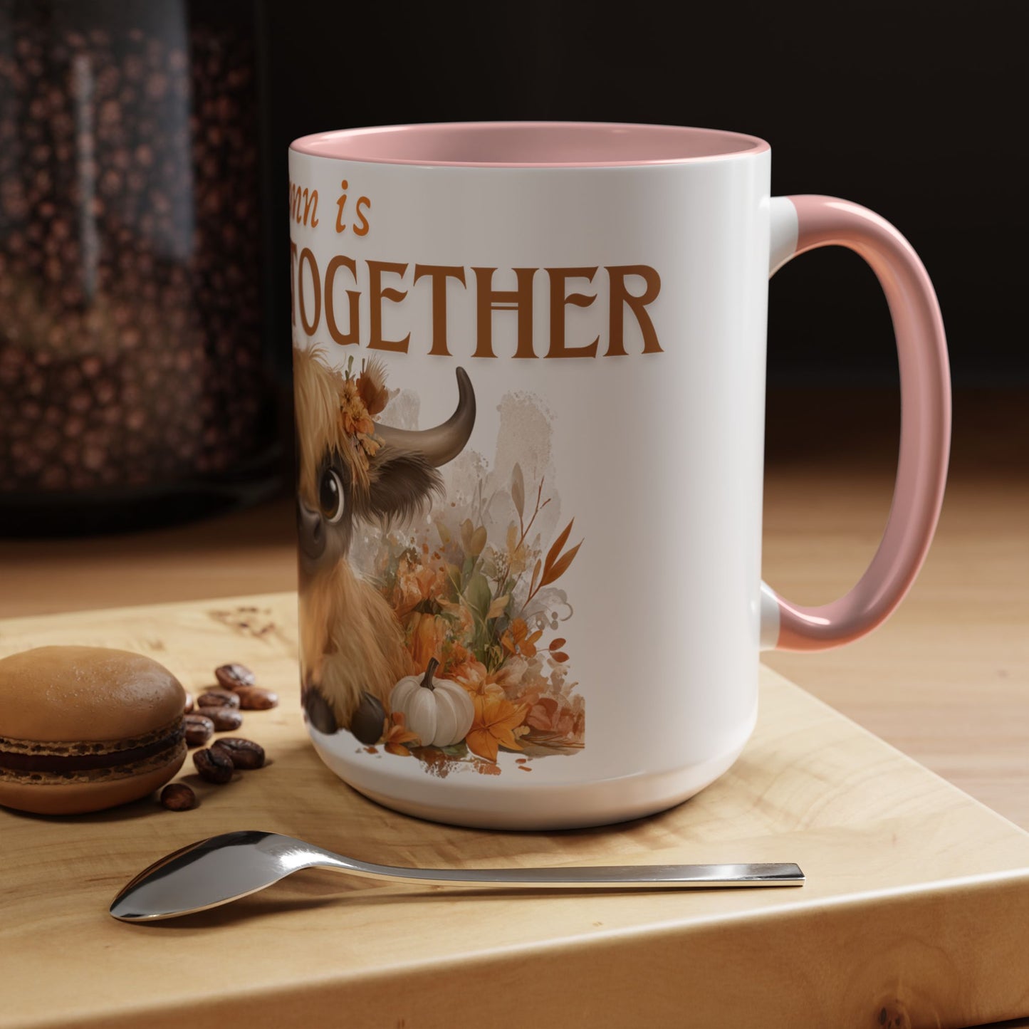 Autumn is Better Together Highland Cow Accent Coffee Mug Fall Mama and Baby Cow Cup White Ceramic with Color Handles 11oz or 15oz