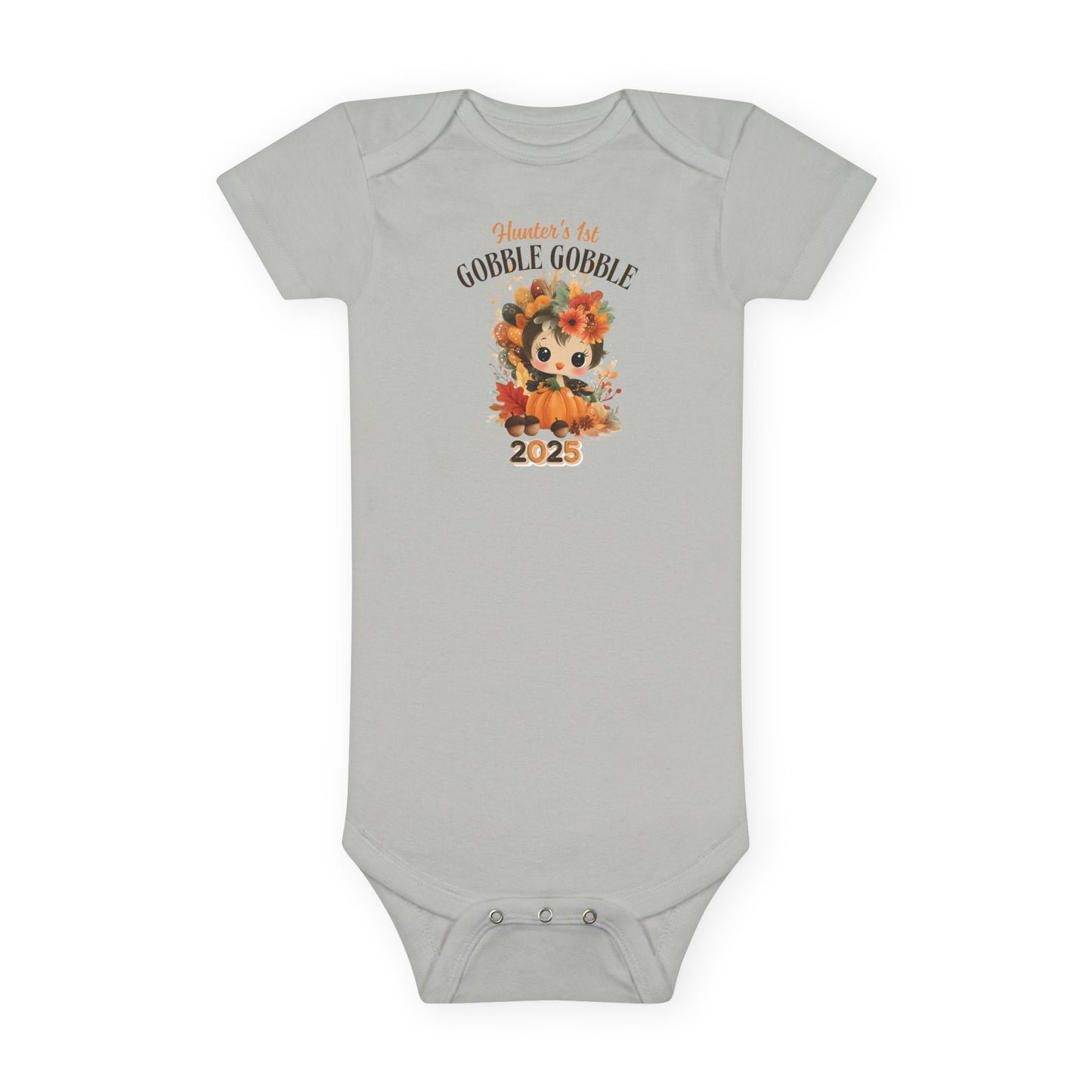 Personalized Baby Thanksgiving Onesie 1st Gobble Gobble Turkey Outfit Custom Name and Year Holiday Baby Bodysuit White Grey Blue Pink