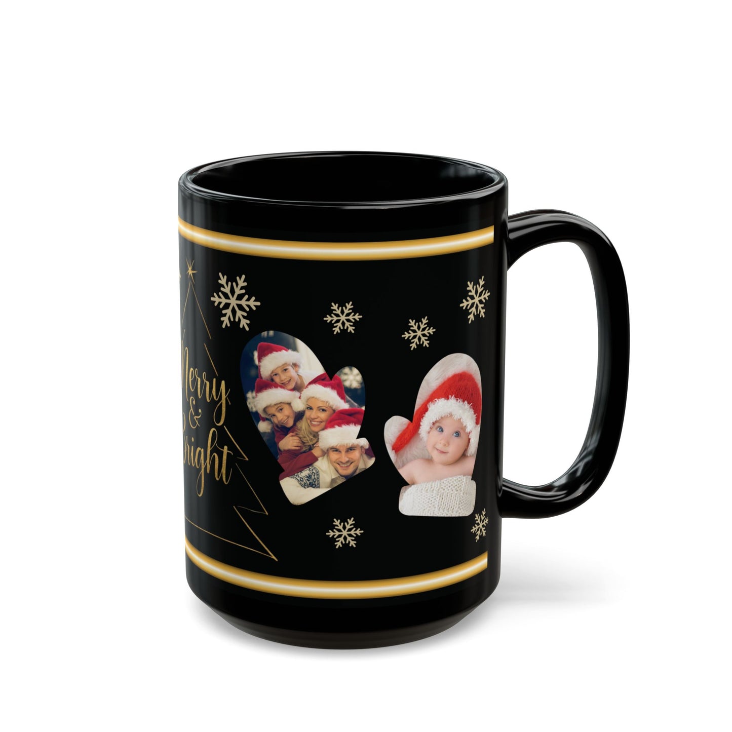 Personalized Christmas Photo Mug, Custom Holiday Picture Coffee Cup, Merry & Bright Gold Wrap Design, 11oz & 15oz