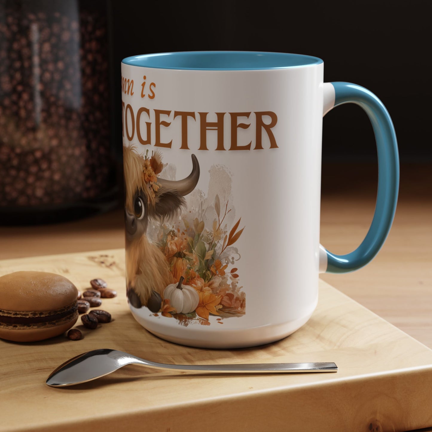 Autumn is Better Together Highland Cow Accent Coffee Mug Fall Mama and Baby Cow Cup White Ceramic with Color Handles 11oz or 15oz