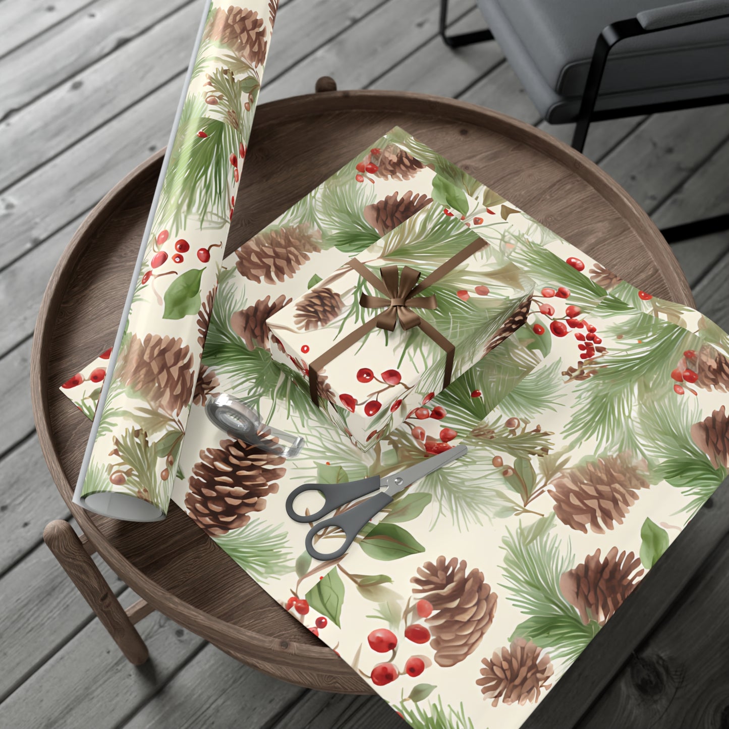 Holiday Gift Wrap Paper, Pinecones and Berries, Eco-Friendly Wrapping Paper, Christmas Gifts, Seasonal Decor, Handmade Wrapping