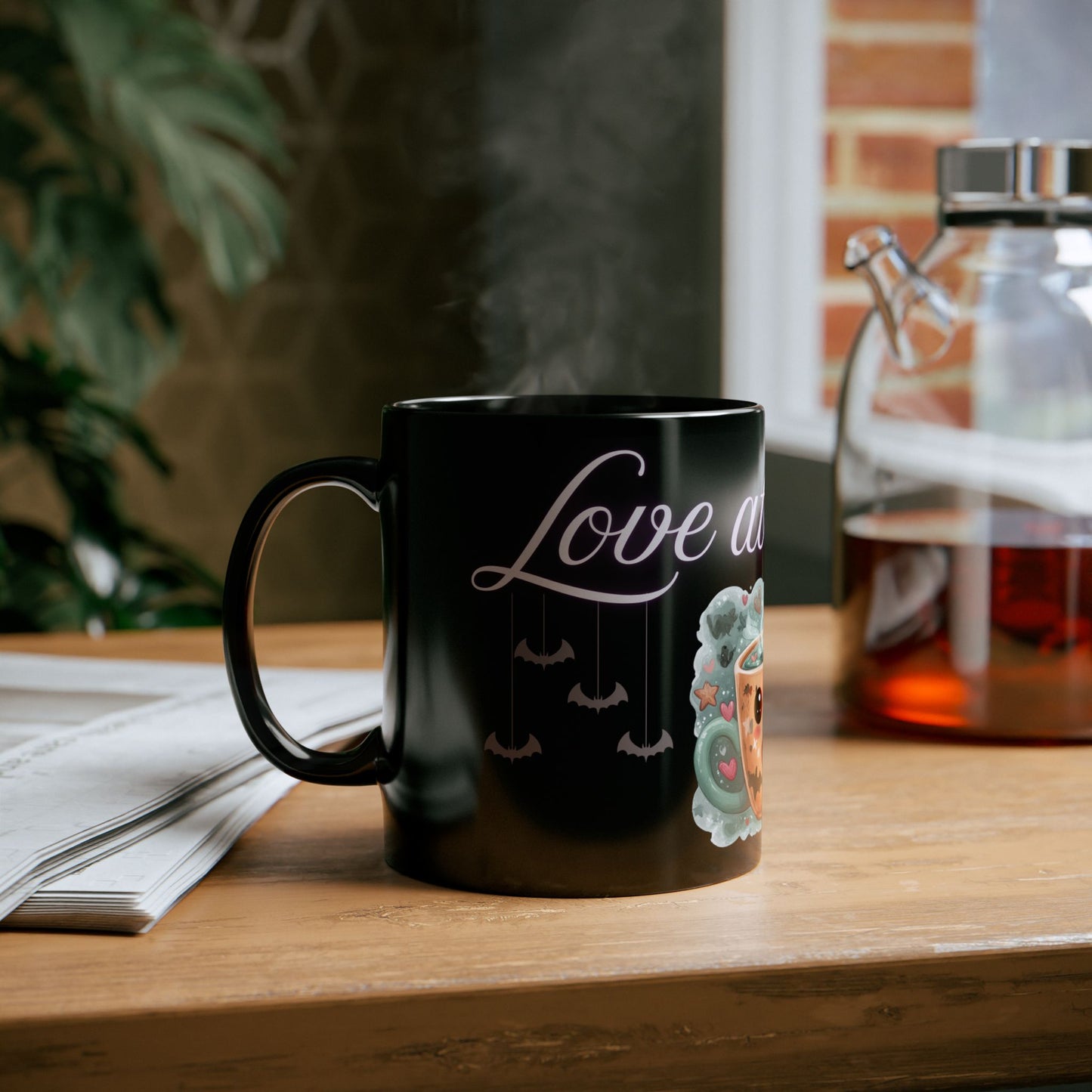 Whimsical Bat Mug, Love at First Sip Coffee Cup, Halloween Gift, Gothic Home Decor, Spooky Tea Mug, Unique Mugs Cute Bat Design - Black