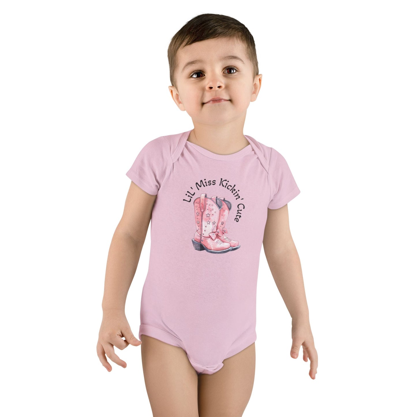 LiL' Miss Kickin' Cute with Cowgirl Boots, Infant Bodysuit, Western Baby, Rodeo Onesie, Cowgirl Baby Outfit, Personalization Option Printify