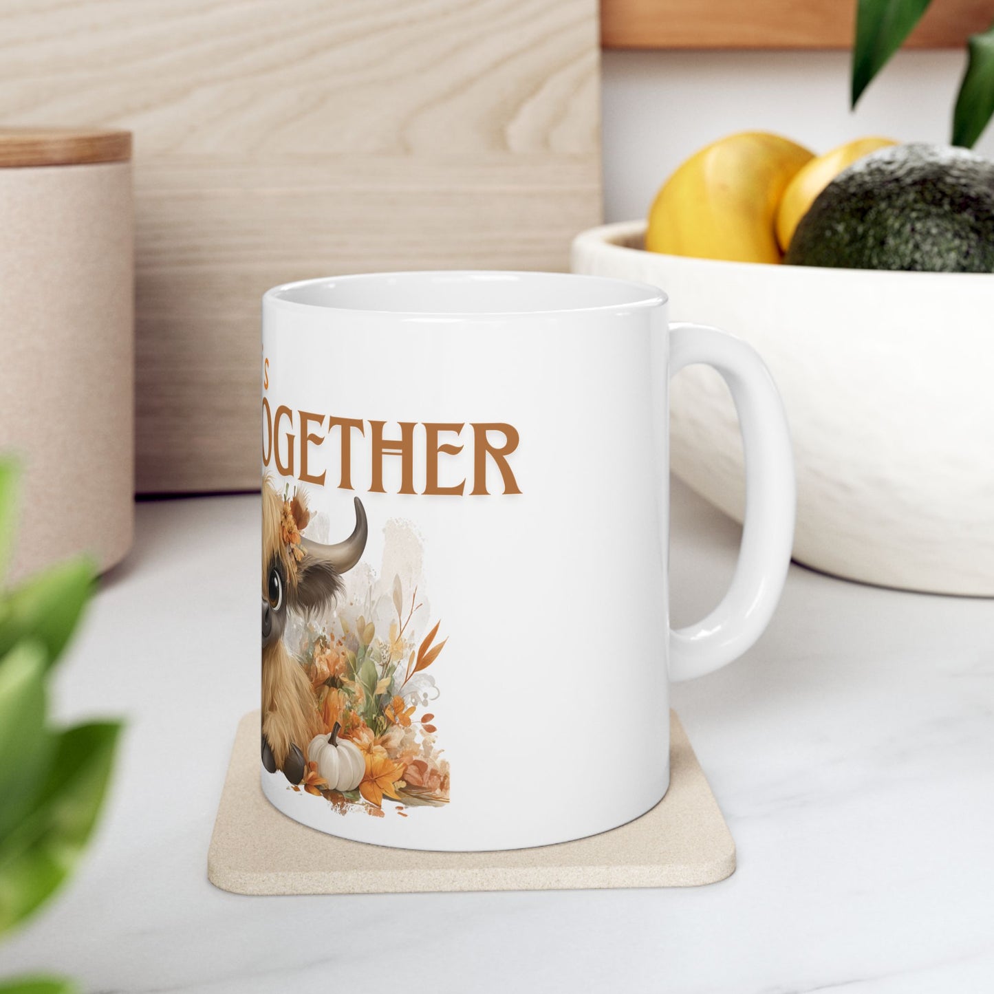 Fall is Better Together Highland Cow Mug Cute Autumn Coffee Cup with Mama and Baby Cow Pumpkins and Florals White Ceramic Mug 11oz or 15oz