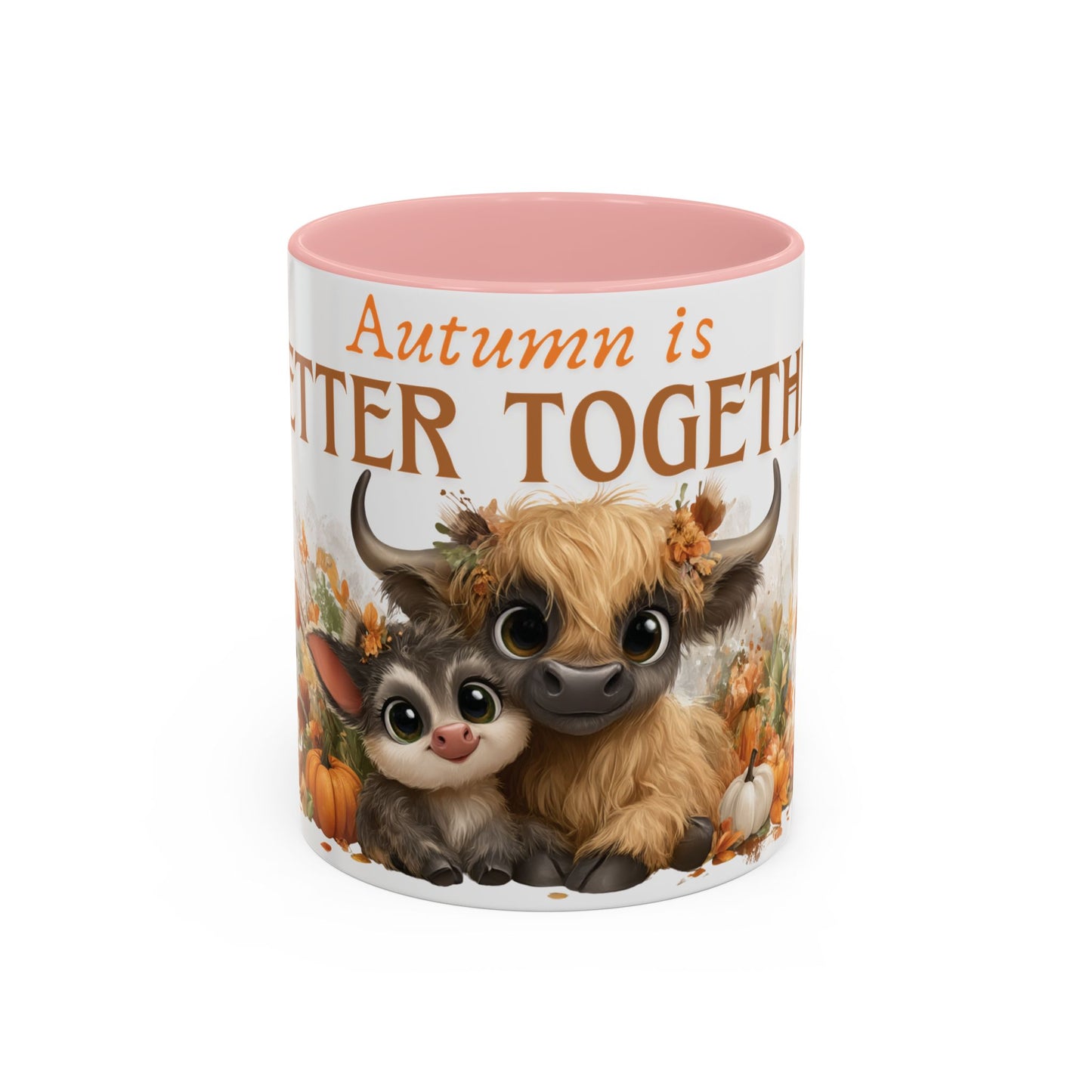 Autumn is Better Together Highland Cow Accent Coffee Mug Fall Mama and Baby Cow Cup White Ceramic with Color Handles 11oz or 15oz
