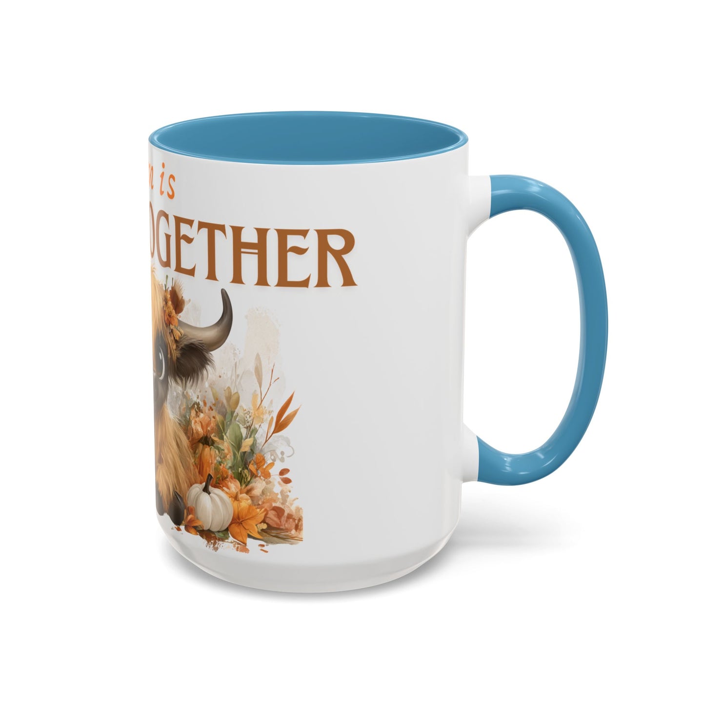 Autumn is Better Together Highland Cow Accent Coffee Mug Fall Mama and Baby Cow Cup White Ceramic with Color Handles 11oz or 15oz
