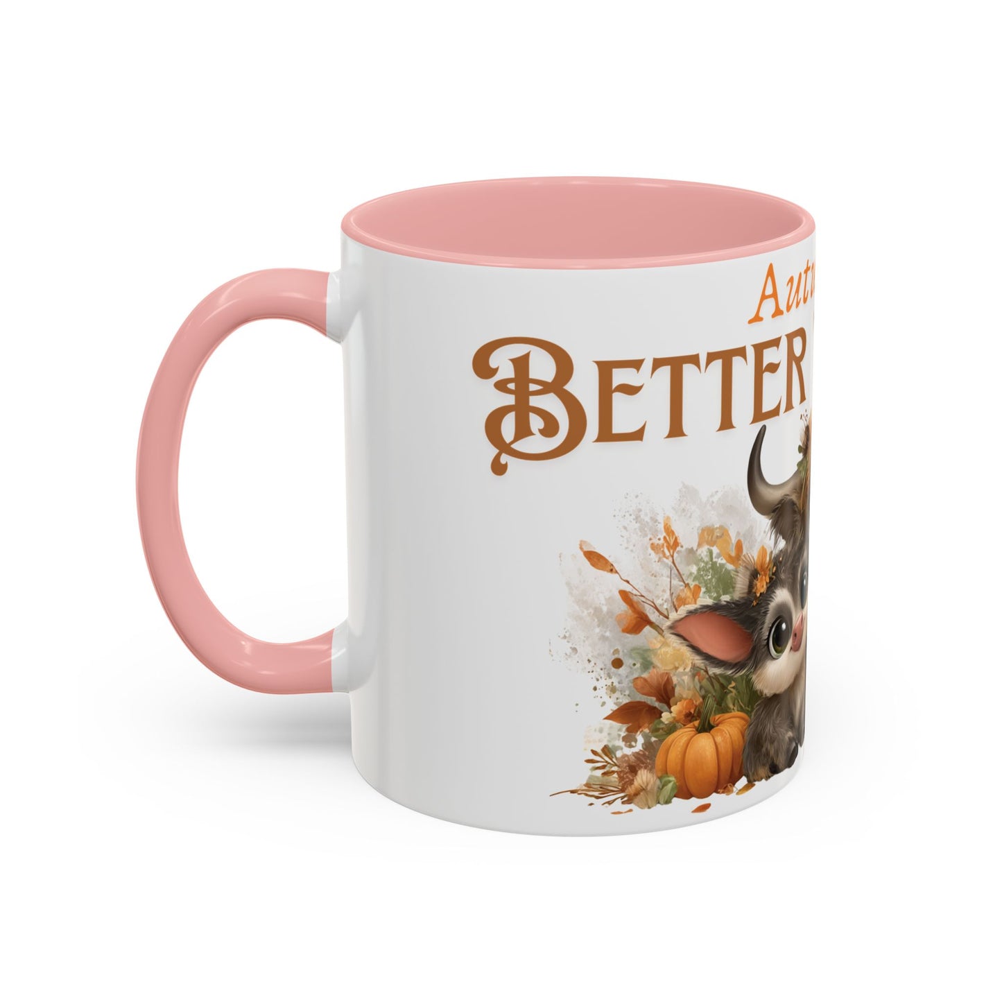 Autumn is Better Together Highland Cow Accent Coffee Mug Fall Mama and Baby Cow Cup White Ceramic with Color Handles 11oz or 15oz