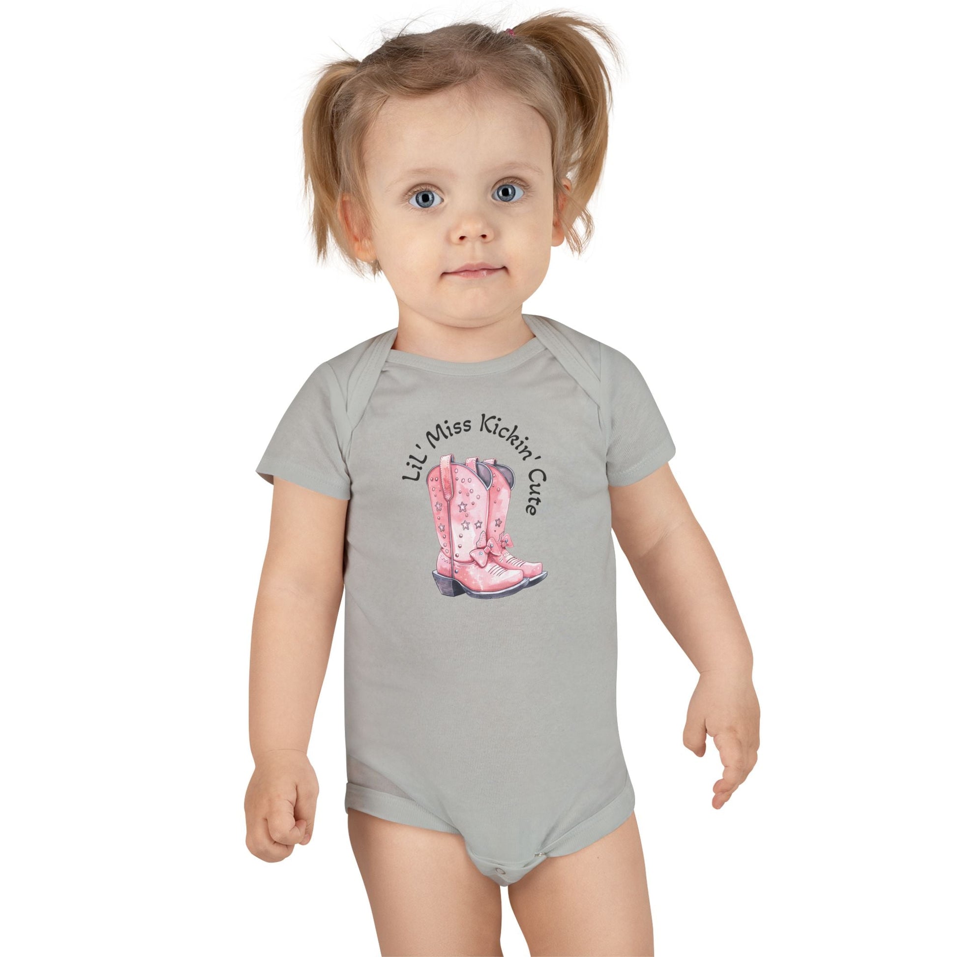 LiL' Miss Kickin' Cute with Cowgirl Boots, Infant Bodysuit, Western Baby, Rodeo Onesie, Cowgirl Baby Outfit, Personalization Option Printify