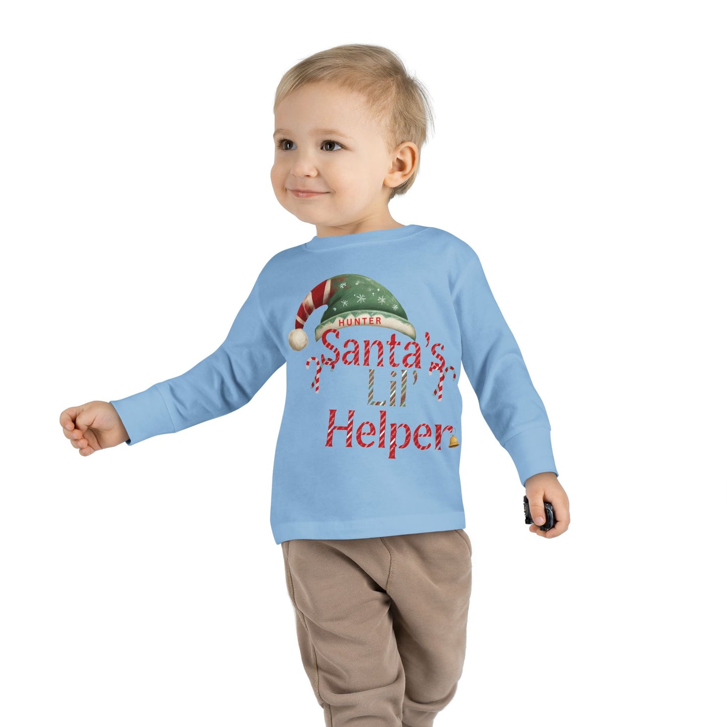 Personalized Toddler Christmas Long Sleeve Tee, Santa's Lil Helper, Holiday Gift, Kids' Winter Wear, Cute Toddler Apparel, Festive Shirt