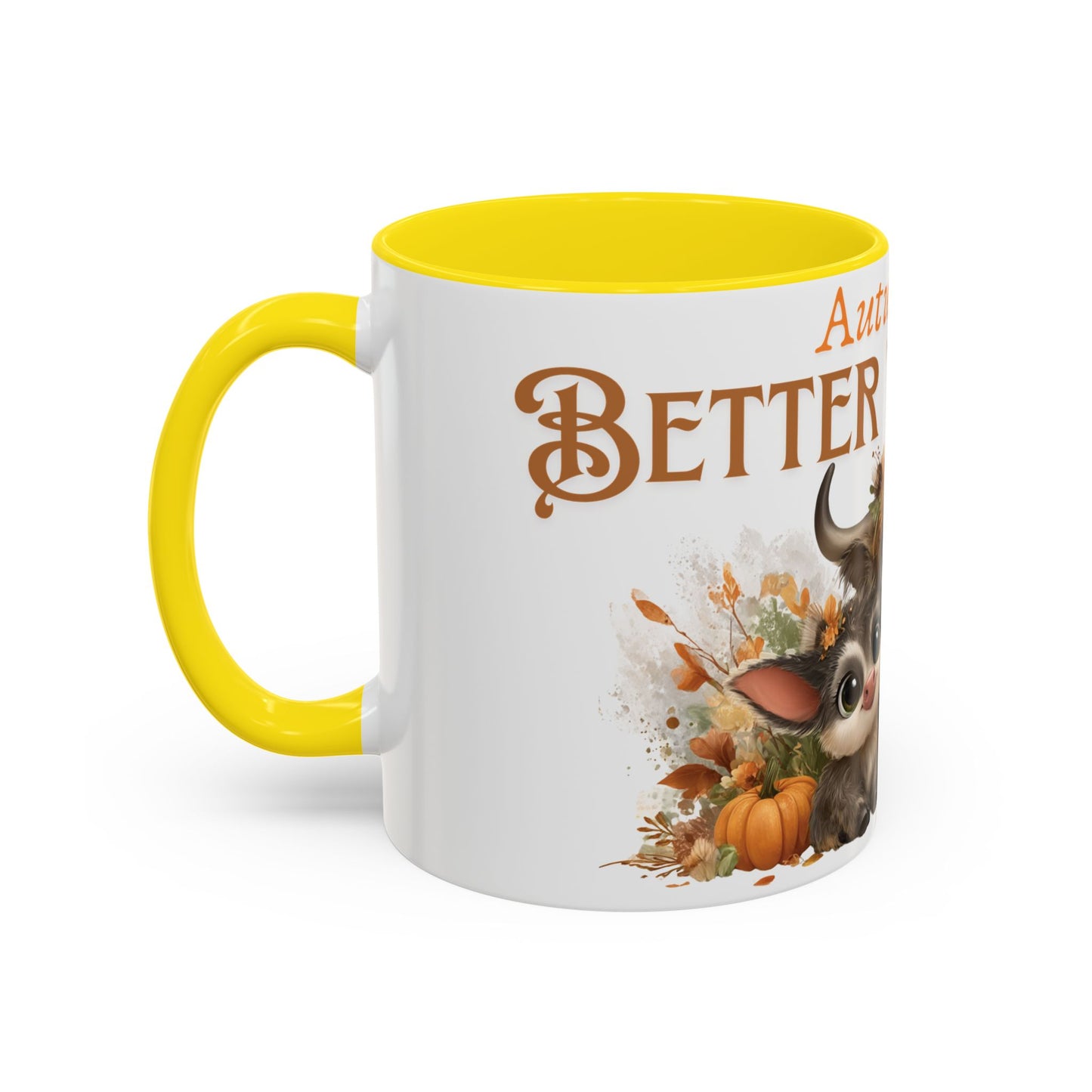 Autumn is Better Together Highland Cow Accent Coffee Mug Fall Mama and Baby Cow Cup White Ceramic with Color Handles 11oz or 15oz