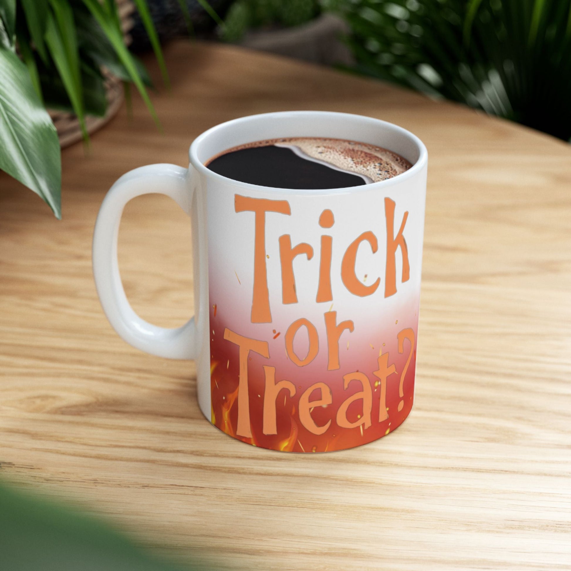 Halloween Themed Ceramic Mug - Trick or Treat Design, Cozy Gift, Spooky Decor, Fall Sipware, Festive Coffee Cup Printify