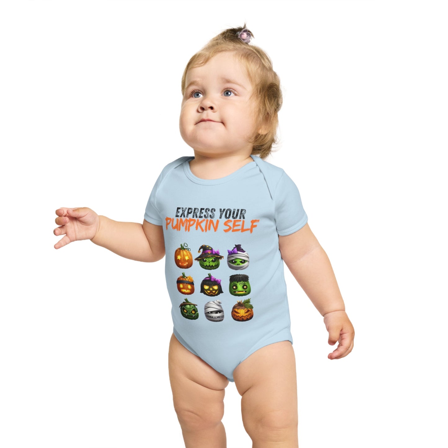 Halloween Baby Bodysuit, Express Your Pumpkin Self, Cute Infant Outfit, Spooky Baby Clothes, Fall Baby Gift, Pumpkin Costume Printify