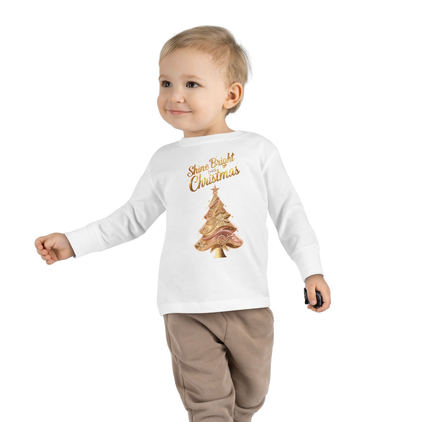 Toddler Long Sleeve Tee, "Shine Bright Christmas" Shirt for Kids, Holiday Outfit, Christmas Gift, Festive Clothing, Cute Toddler Apparel