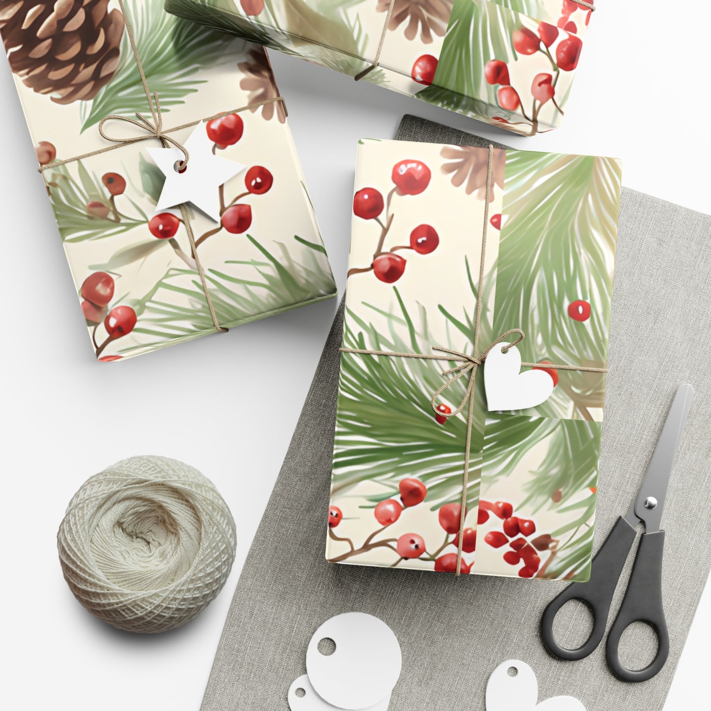 Holiday Gift Wrap Paper, Pinecones and Berries, Eco-Friendly Wrapping Paper, Christmas Gifts, Seasonal Decor, Handmade Wrapping
