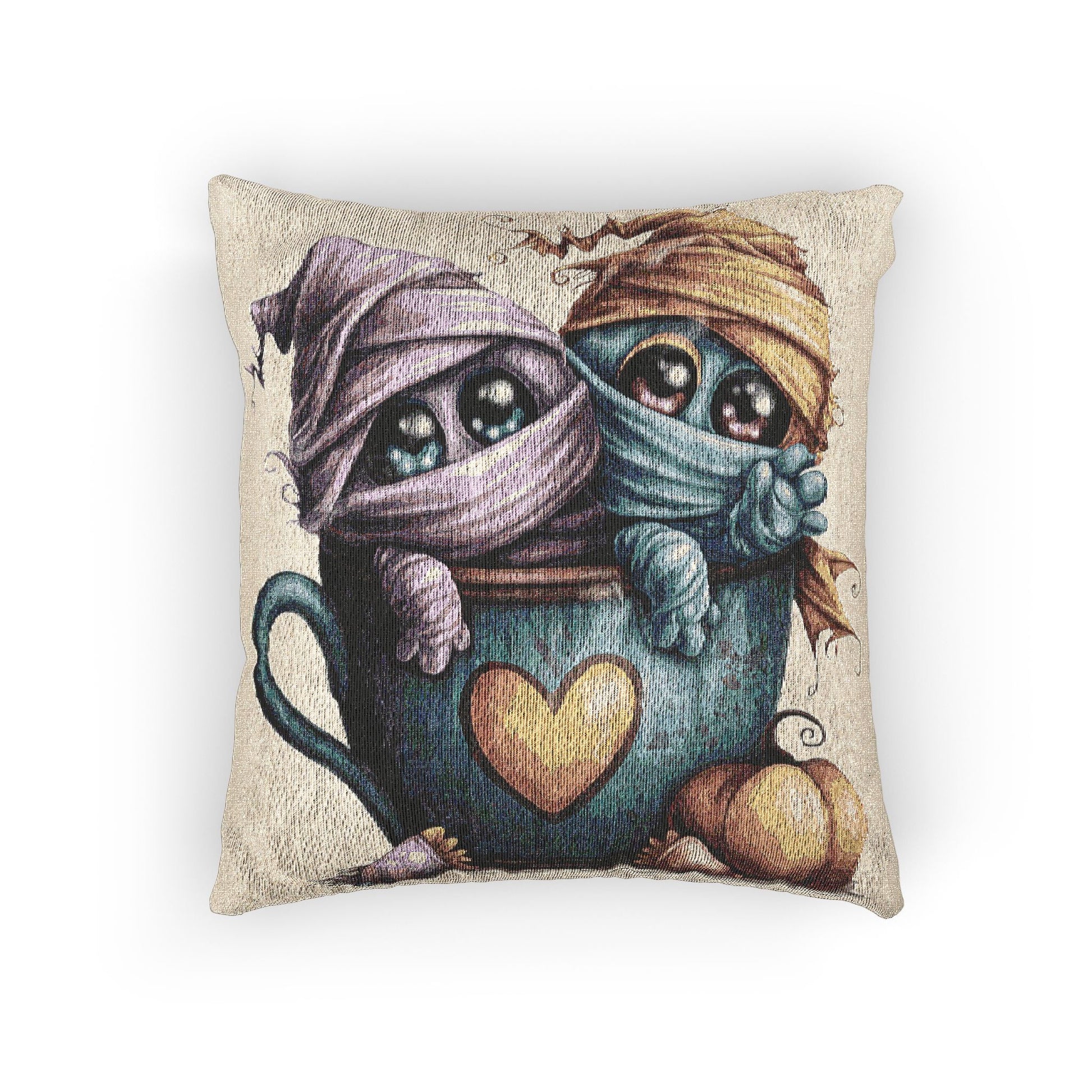 Woven Pillow with Cute Mug Mummy Design, Cozy Home Decor, Gift for Halloween, Unique Throw Cushion, Fun Accent Pillow Printify