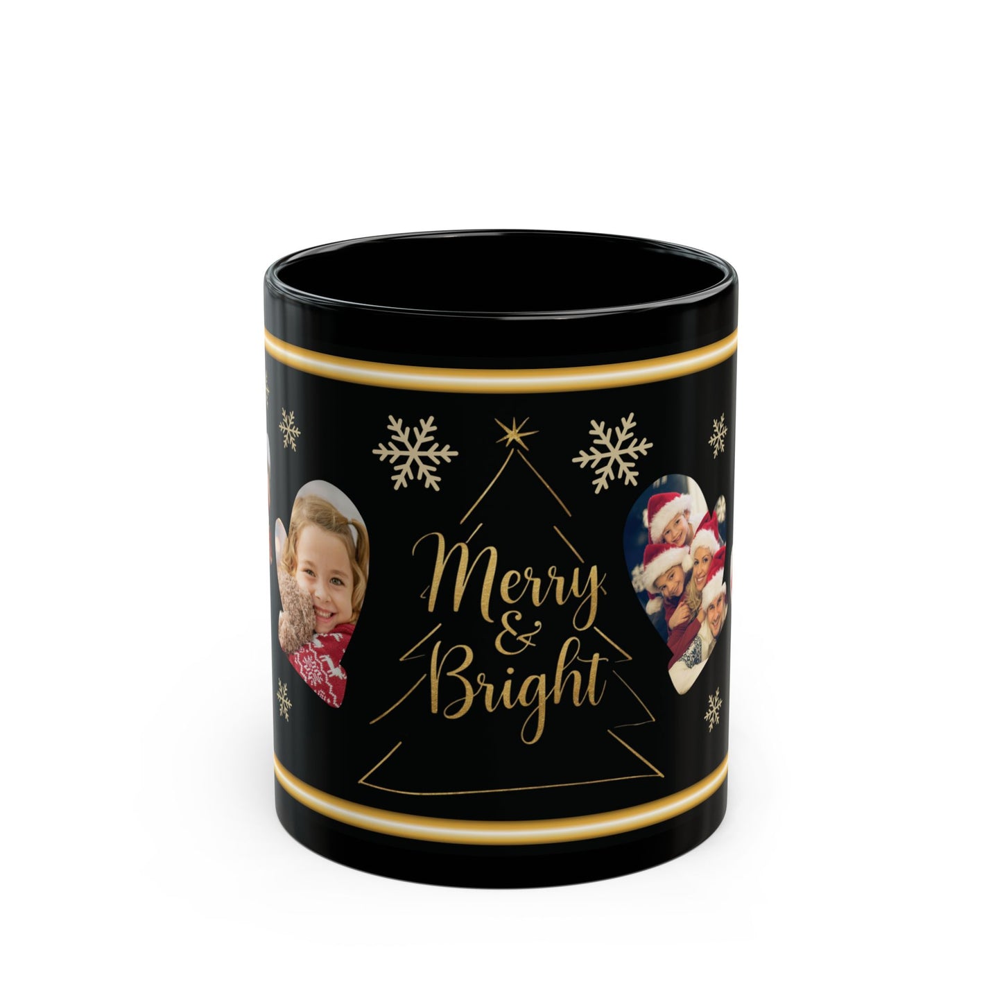 Personalized Christmas Photo Mug, Custom Holiday Picture Coffee Cup, Merry & Bright Gold Wrap Design, 11oz & 15oz