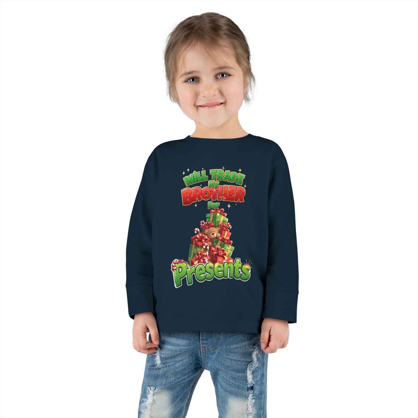 Toddler Christmas Long Sleeve Tee with 'Will Trade Brother for Presents' Design, Kids Holiday T-Shirt, Christmas Gift for Toddlers