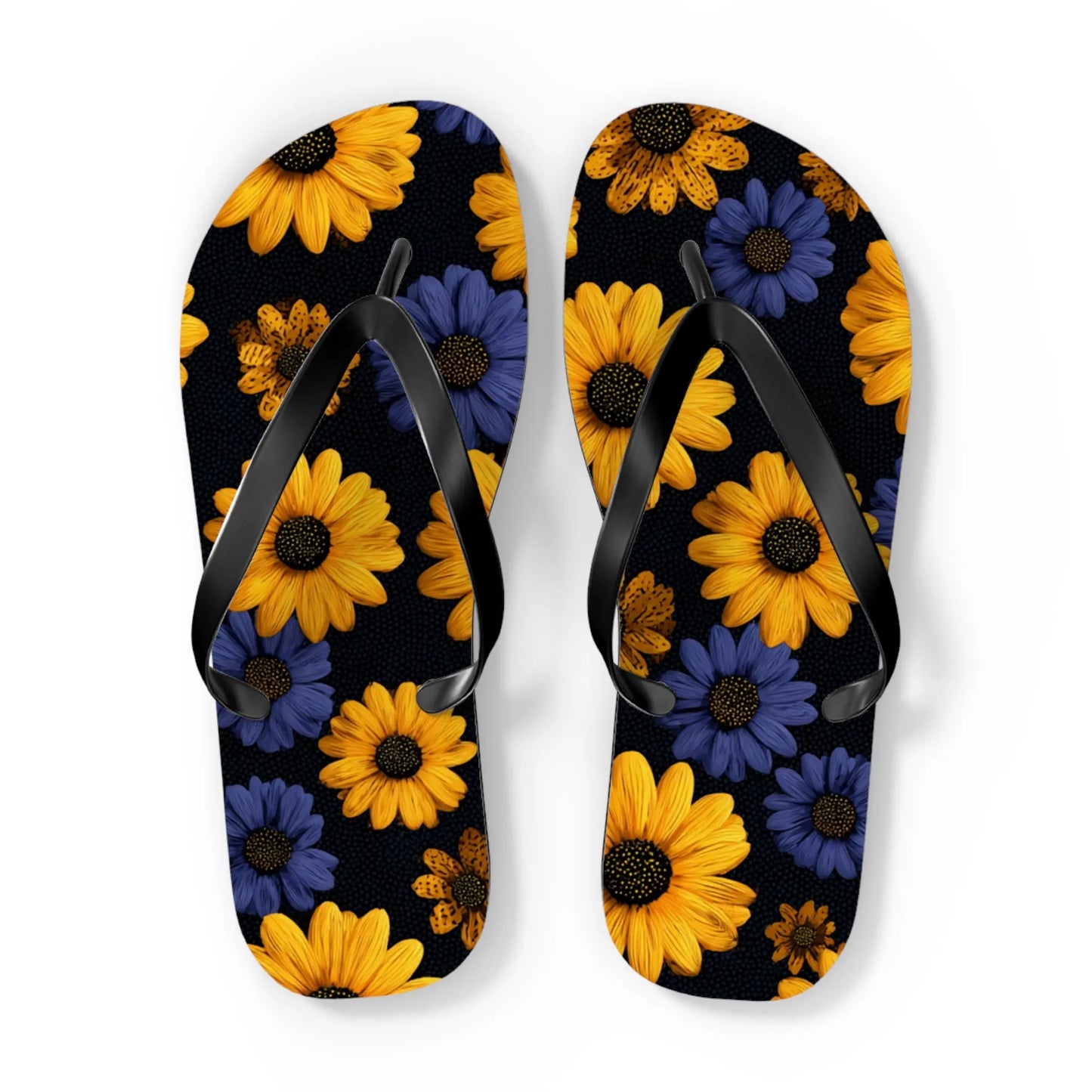Flip Flops - Daisy Flower Seamless Pattern Retro 90s Vibe Yellow Navy Blue Black Printify