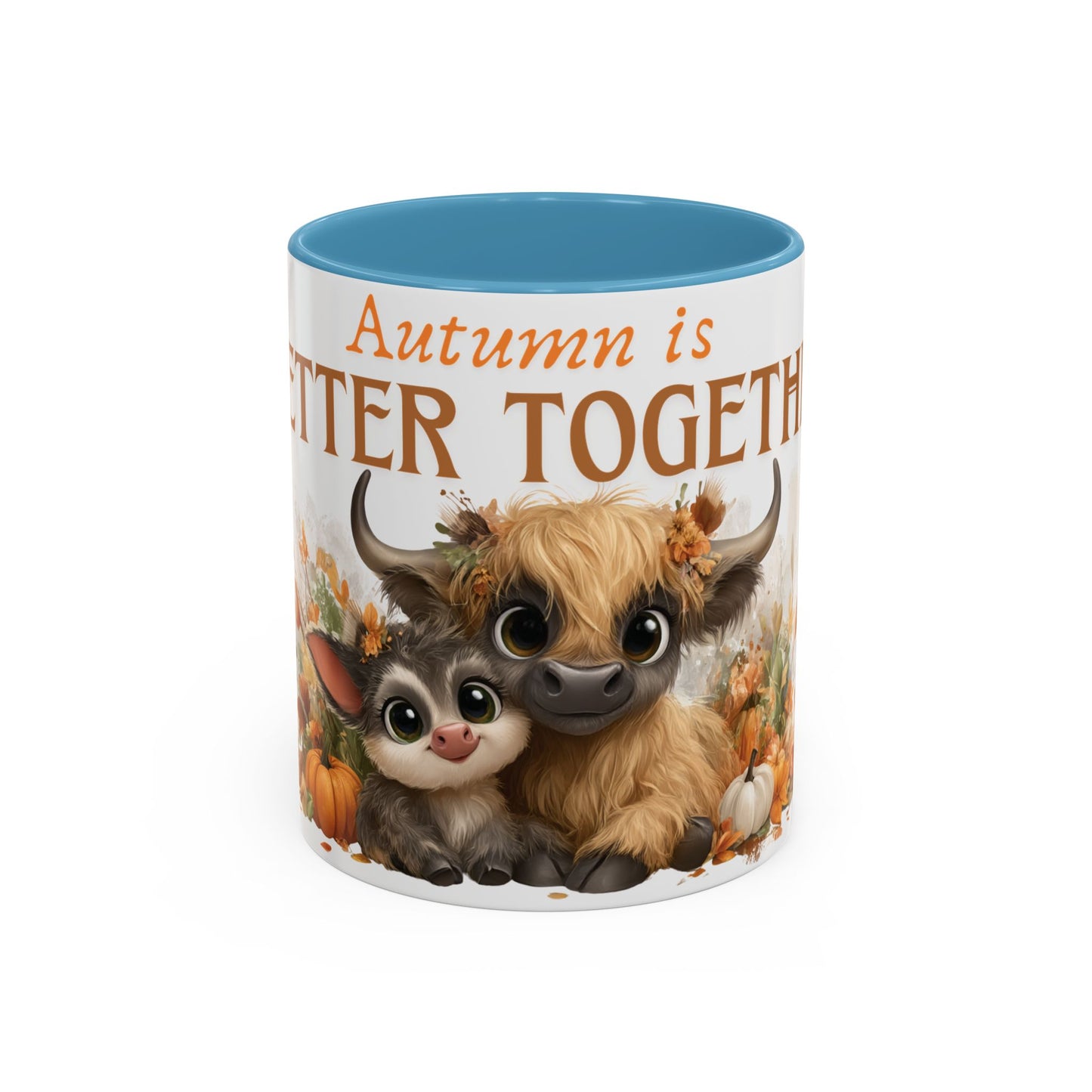 Autumn is Better Together Highland Cow Accent Coffee Mug Fall Mama and Baby Cow Cup White Ceramic with Color Handles 11oz or 15oz