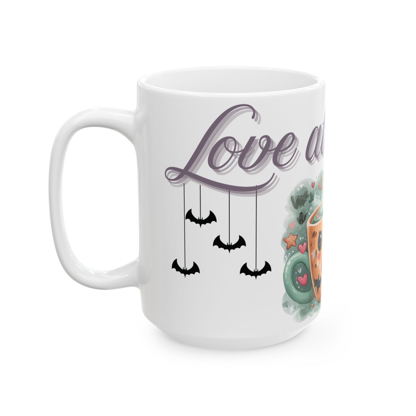 Whimsical Bat Ceramic Mug, Love at First Sip Kawaii Style Coffee Cup, 11oz, 15oz - Halloween Gift, Animal Lover, Cute Kitchen Decor, Vampire