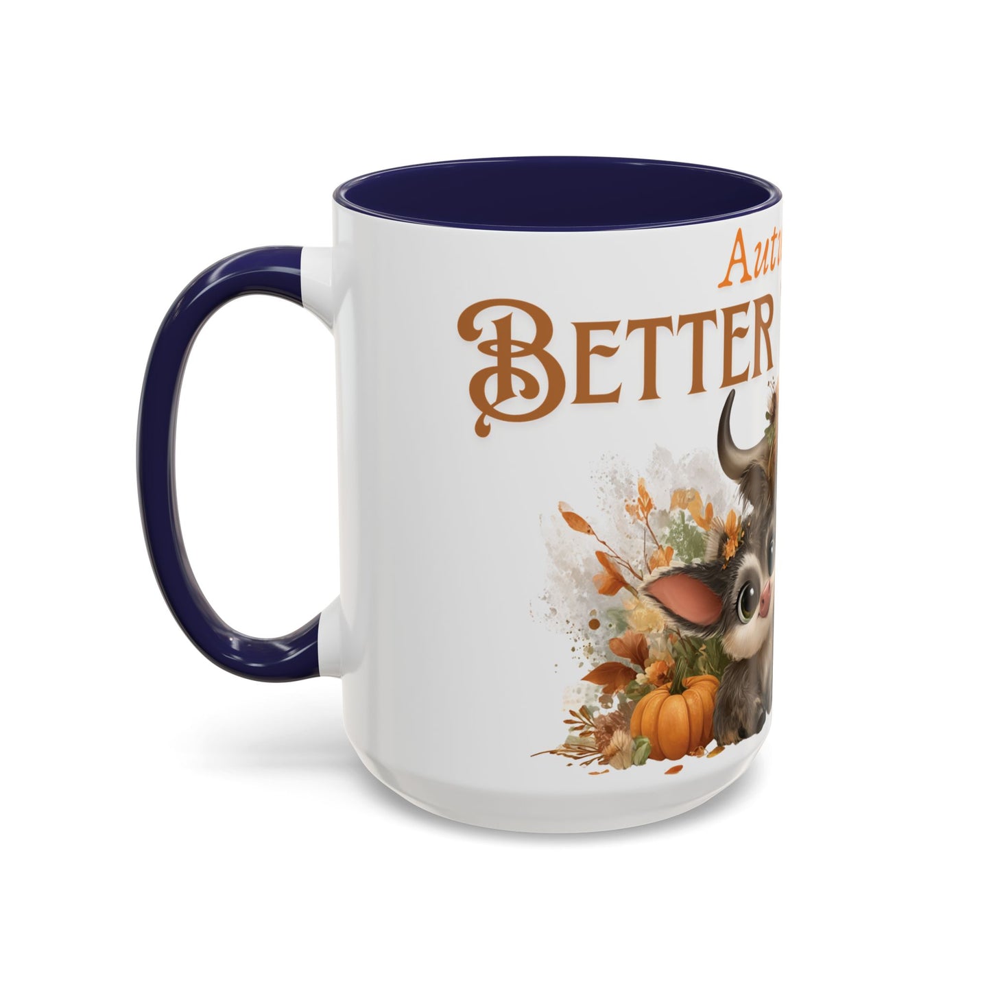 Autumn is Better Together Highland Cow Accent Coffee Mug Fall Mama and Baby Cow Cup White Ceramic with Color Handles 11oz or 15oz