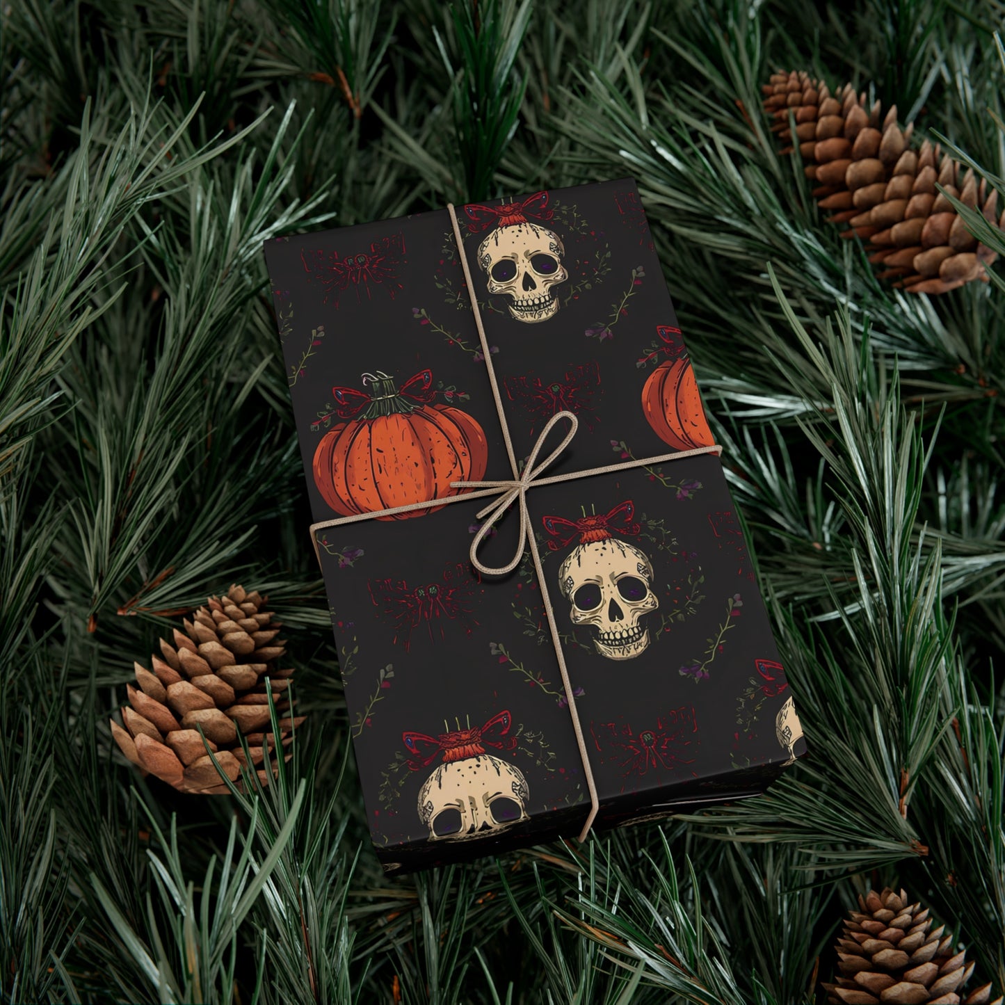 Hollyween Christmas Wrapping Paper – Gothic Holiday Gift Wrap with Skulls, Pumpkins & Bows