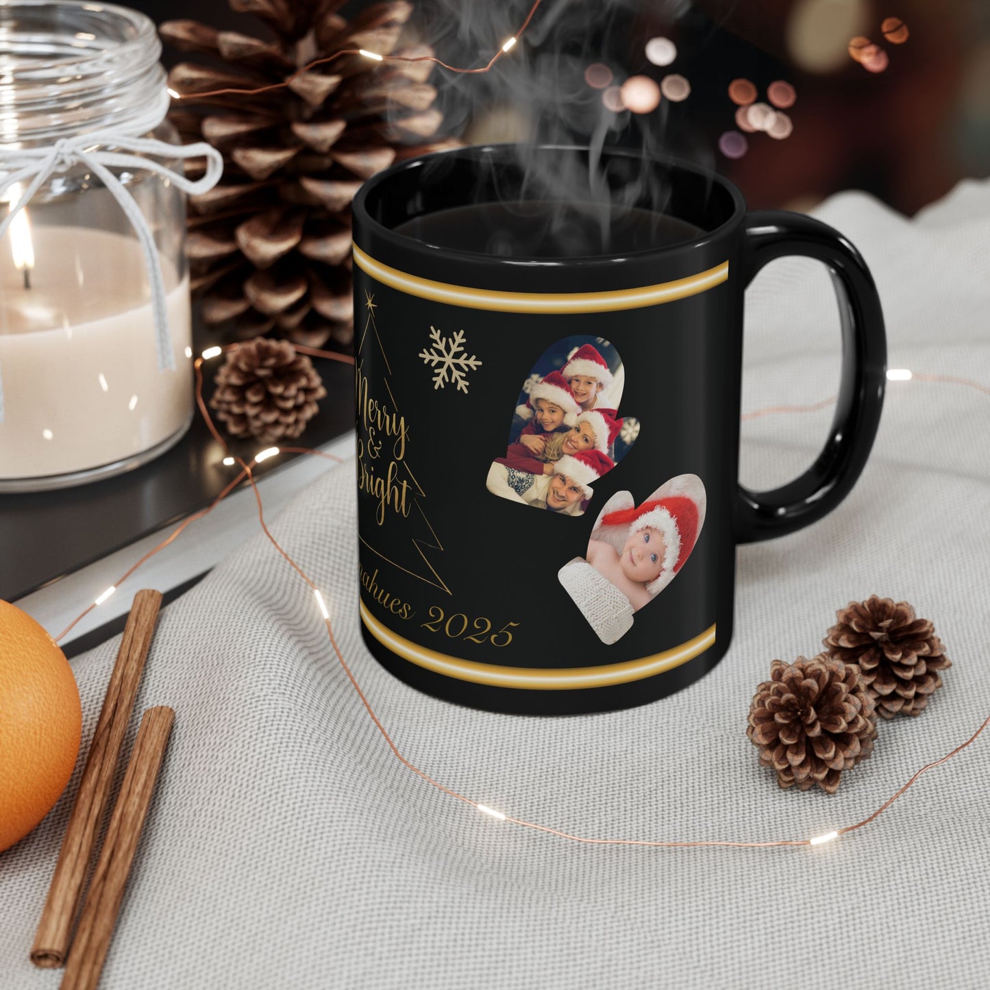 Custom Family Name Christmas Photo Mug – Personalized Holiday Pictures, Add Name & Year, Merry & Bright Gold Wrap, 11oz & 15oz Black Ceramic