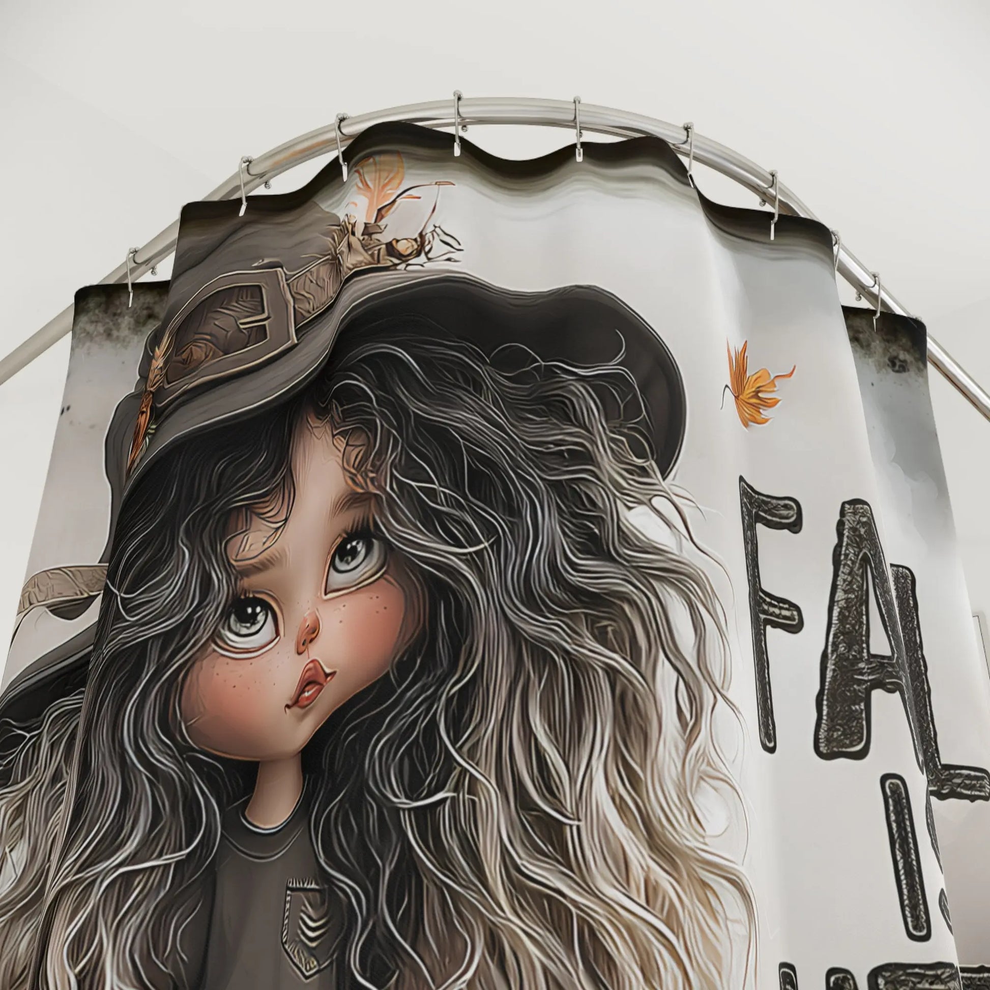 Whimsical Fall Shower Curtain with Witch Design, Autumn Decor, Bathroom Accessories, Halloween Decor, Gift for Her, Seasonal Home Decor Printify