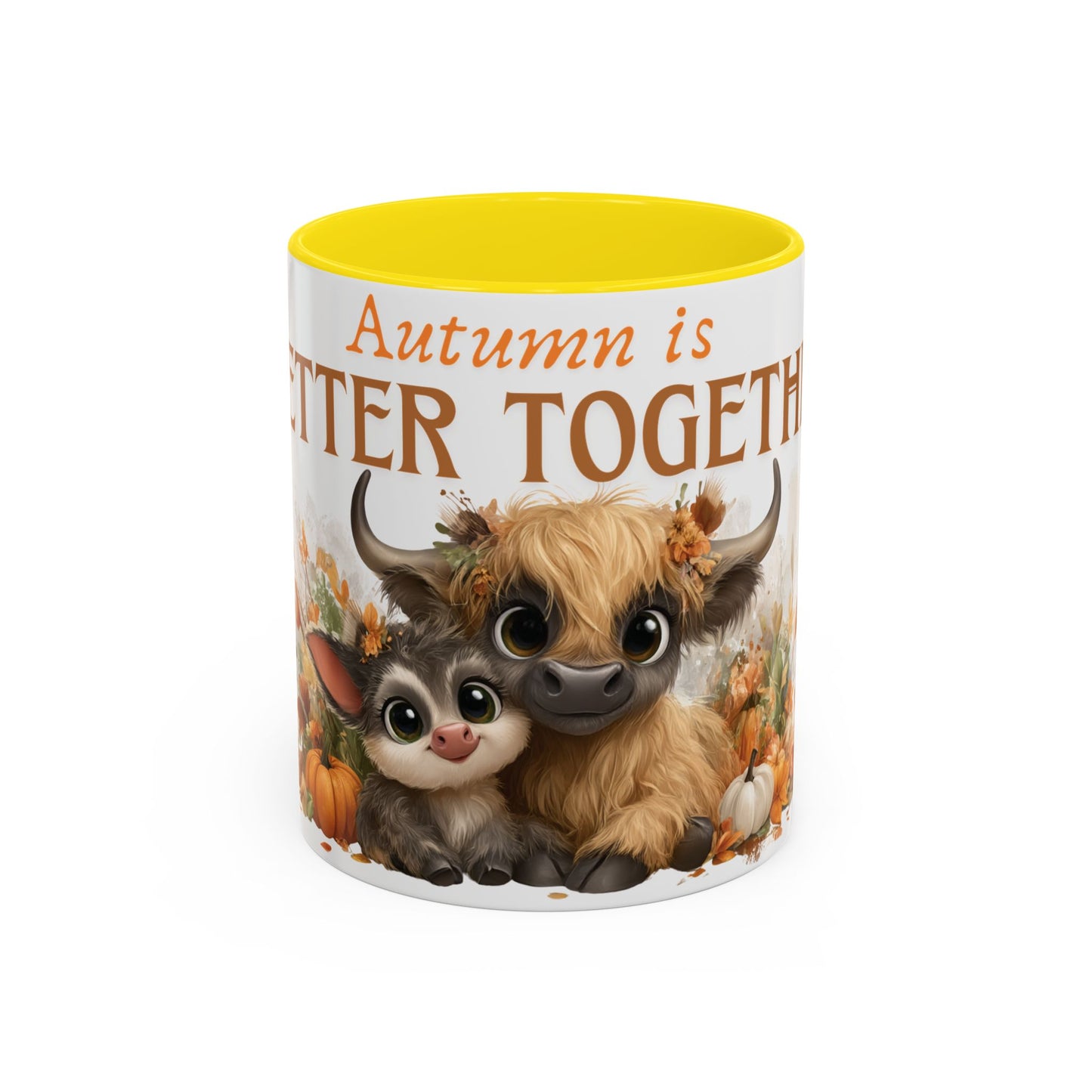 Autumn is Better Together Highland Cow Accent Coffee Mug Fall Mama and Baby Cow Cup White Ceramic with Color Handles 11oz or 15oz