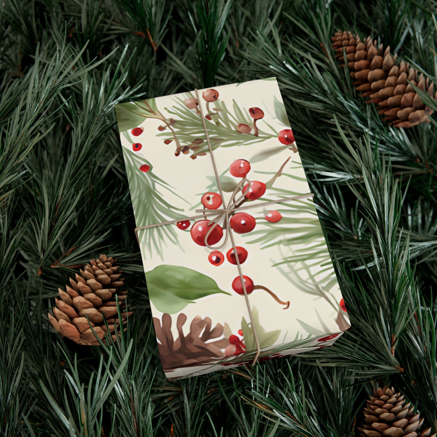 Holiday Gift Wrap Paper, Pinecones and Berries, Eco-Friendly Wrapping Paper, Christmas Gifts, Seasonal Decor, Handmade Wrapping
