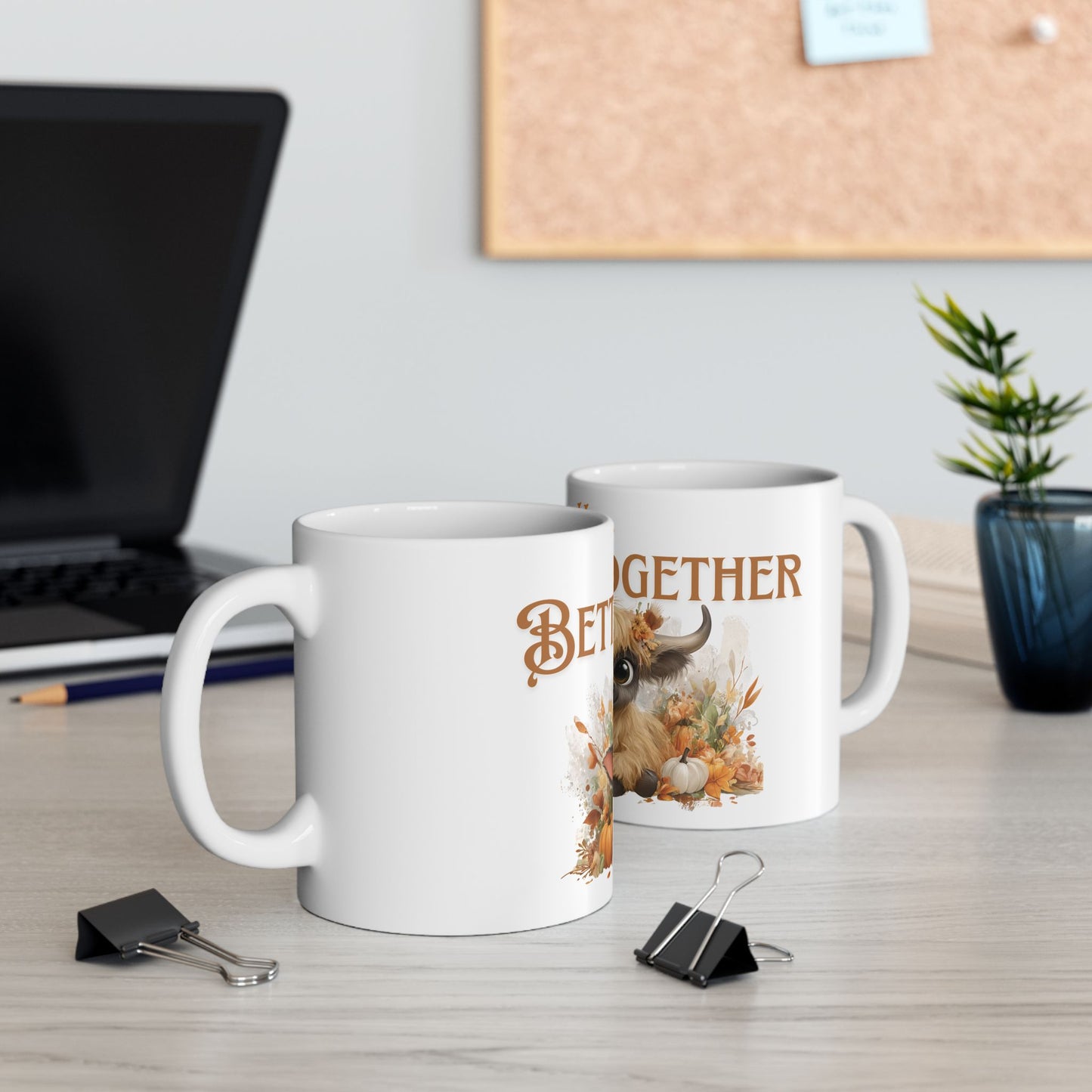Fall is Better Together Highland Cow Mug Cute Autumn Coffee Cup with Mama and Baby Cow Pumpkins and Florals White Ceramic Mug 11oz or 15oz