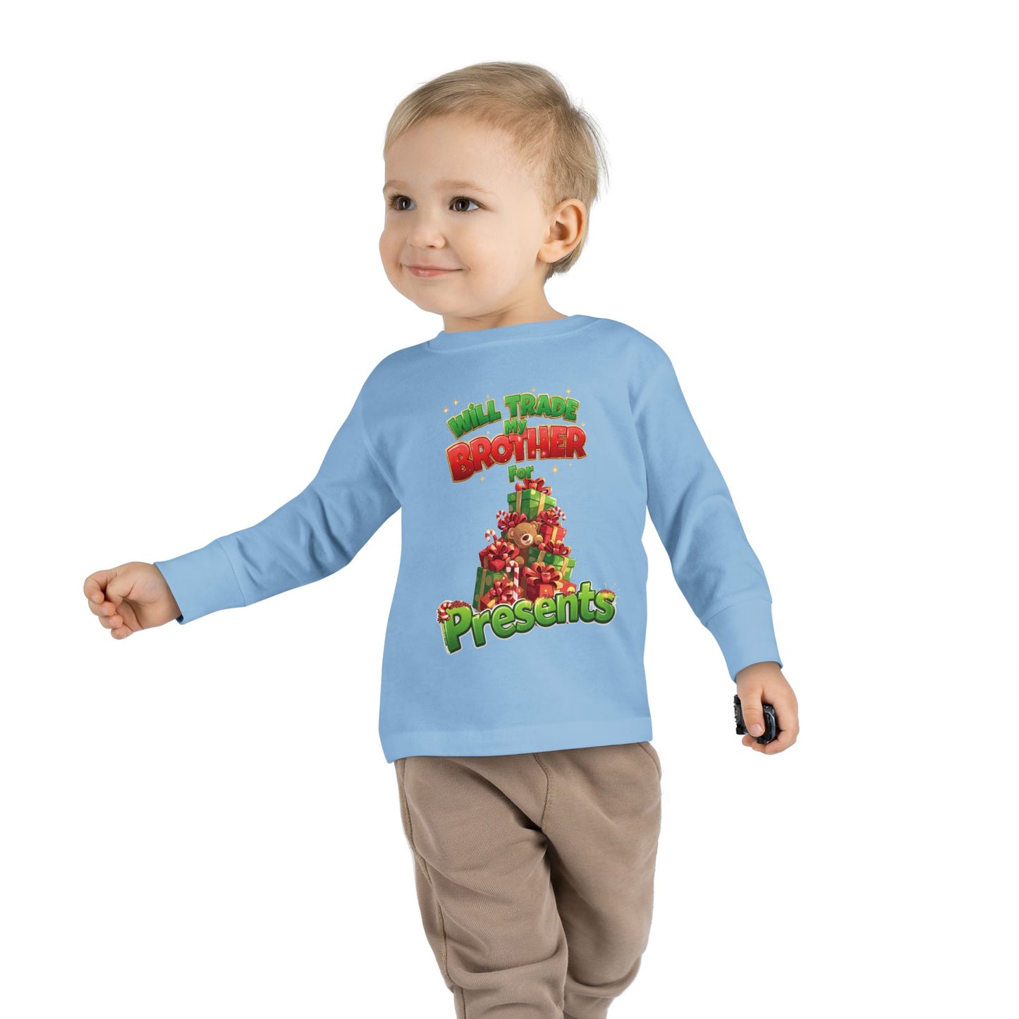 Toddler Christmas Long Sleeve Tee with 'Will Trade Brother for Presents' Design, Kids Holiday T-Shirt, Christmas Gift for Toddlers