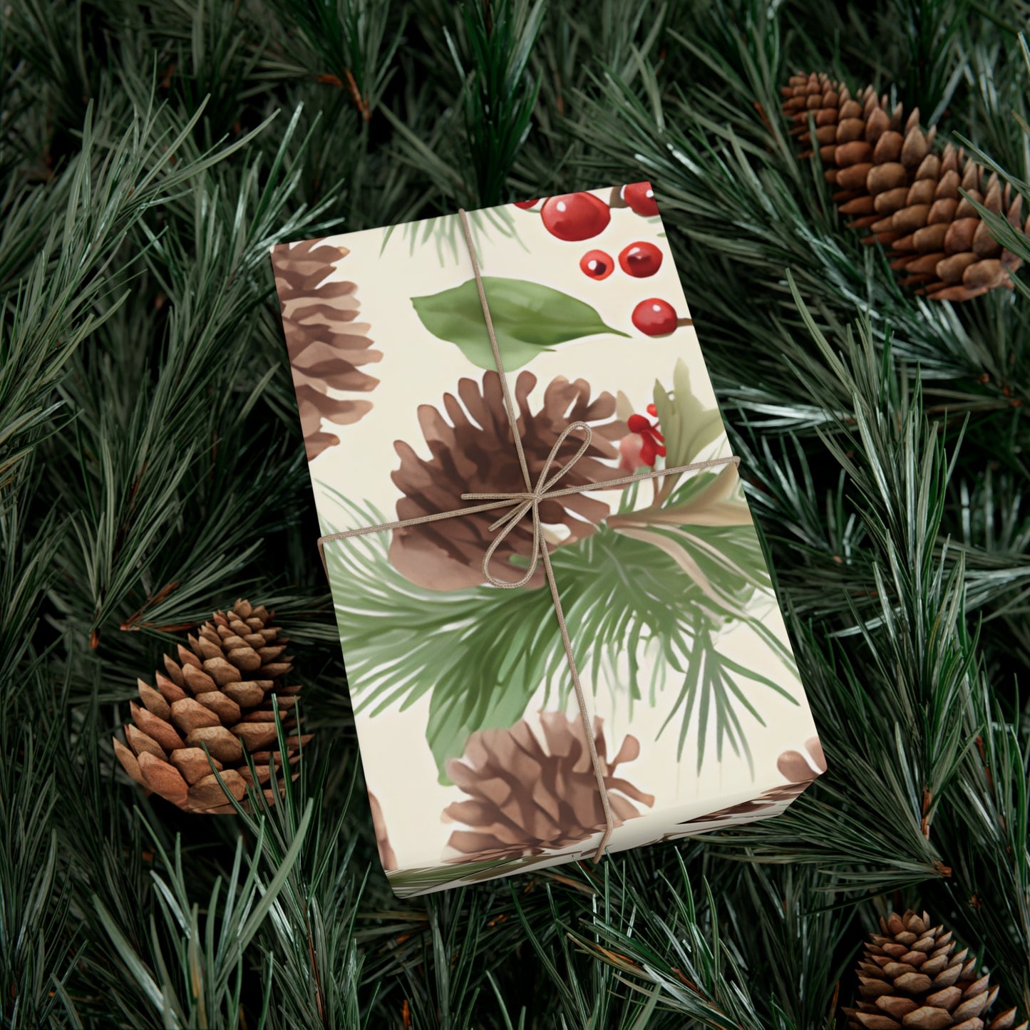 Holiday Gift Wrap Paper, Pinecones and Berries, Eco-Friendly Wrapping Paper, Christmas Gifts, Seasonal Decor, Handmade Wrapping