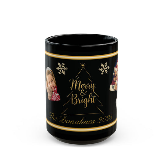 Custom Family Name Christmas Photo Mug – Personalized Holiday Pictures, Add Name & Year, Merry & Bright Gold Wrap, 11oz & 15oz Black Ceramic
