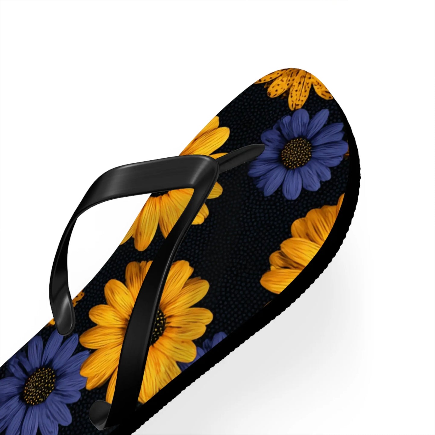 Flip Flops - Daisy Flower Seamless Pattern Retro 90s Vibe Yellow Navy Blue Black Printify