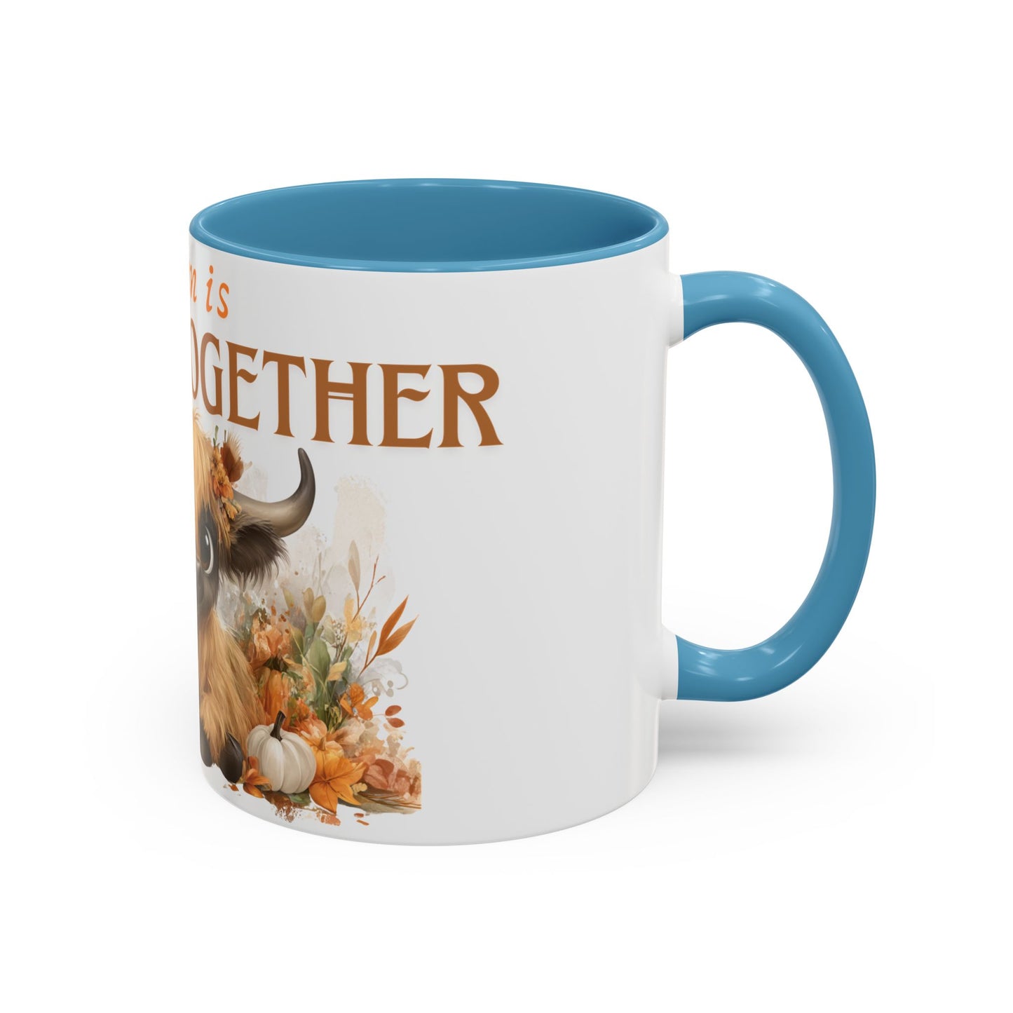 Autumn is Better Together Highland Cow Accent Coffee Mug Fall Mama and Baby Cow Cup White Ceramic with Color Handles 11oz or 15oz