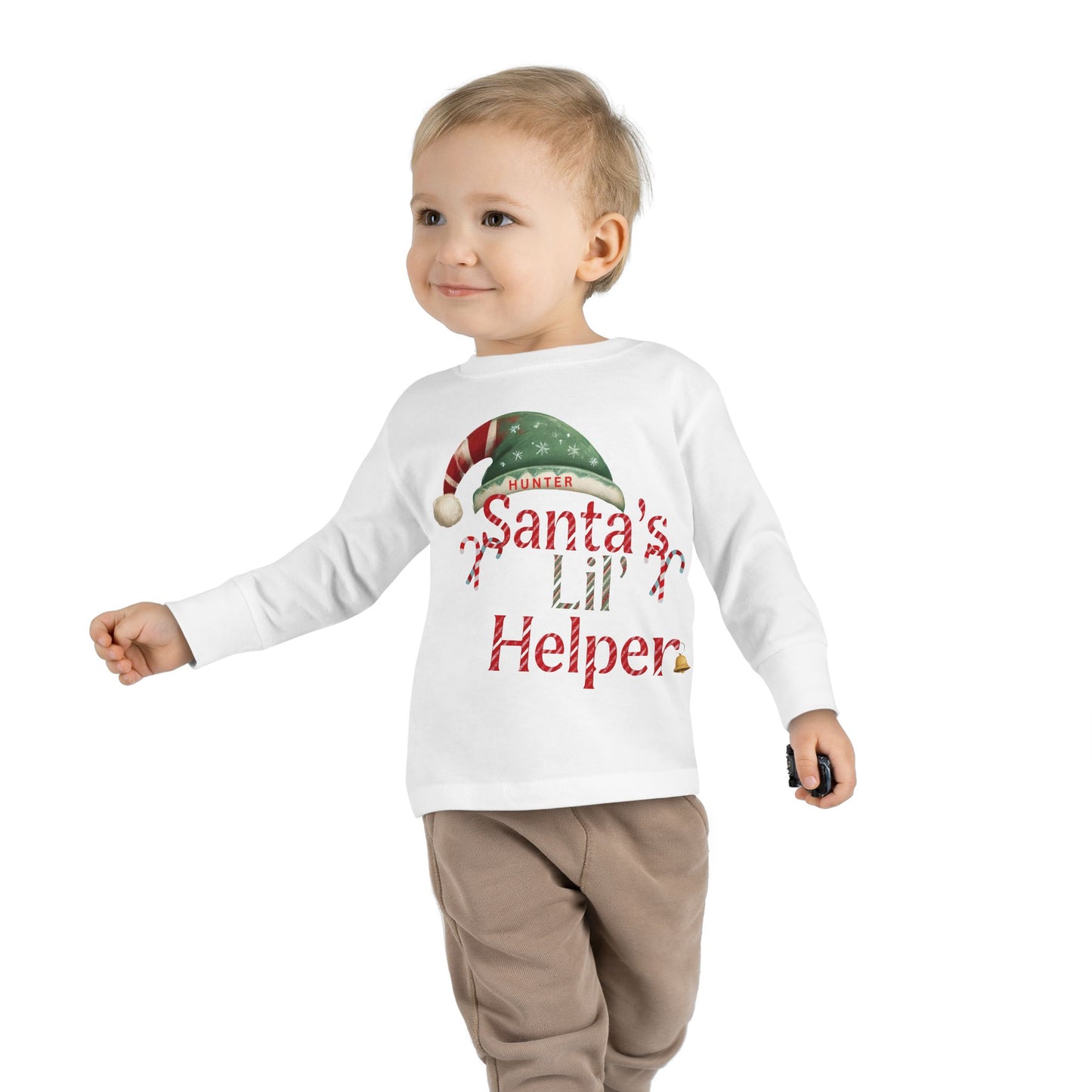 Personalized Toddler Christmas Long Sleeve Tee, Santa's Lil Helper, Holiday Gift, Kids' Winter Wear, Cute Toddler Apparel, Festive Shirt