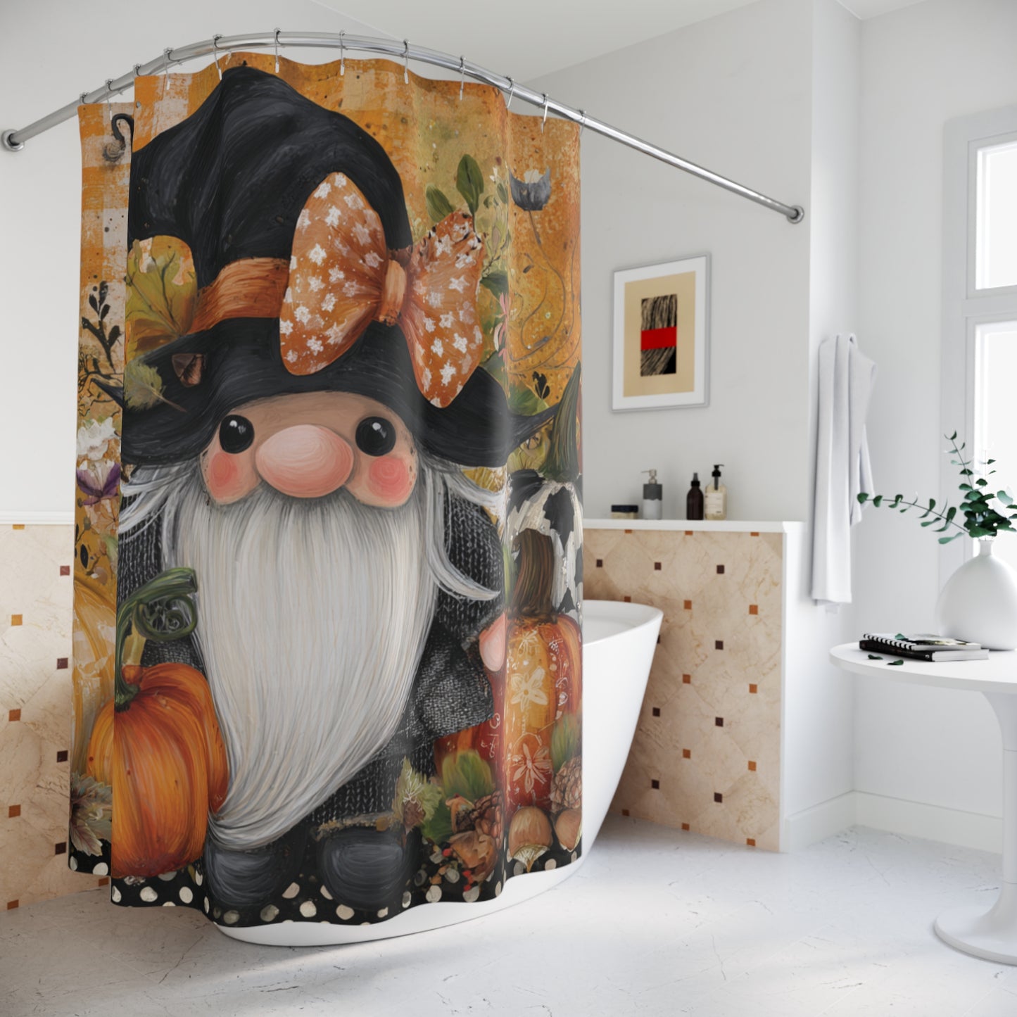 Charming Pumpkin Gnome Shower Curtain - Fall Decor, Halloween, Autumn Vibes, Witchy Bathroom, Seasonal Home Decor