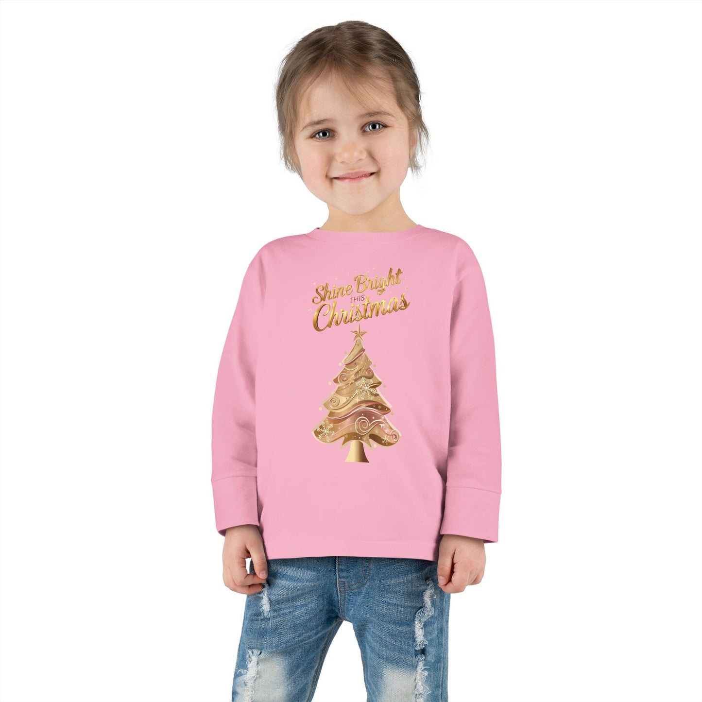 Toddler Long Sleeve Tee, "Shine Bright Christmas" Shirt for Kids, Holiday Outfit, Christmas Gift, Festive Clothing, Cute Toddler Apparel