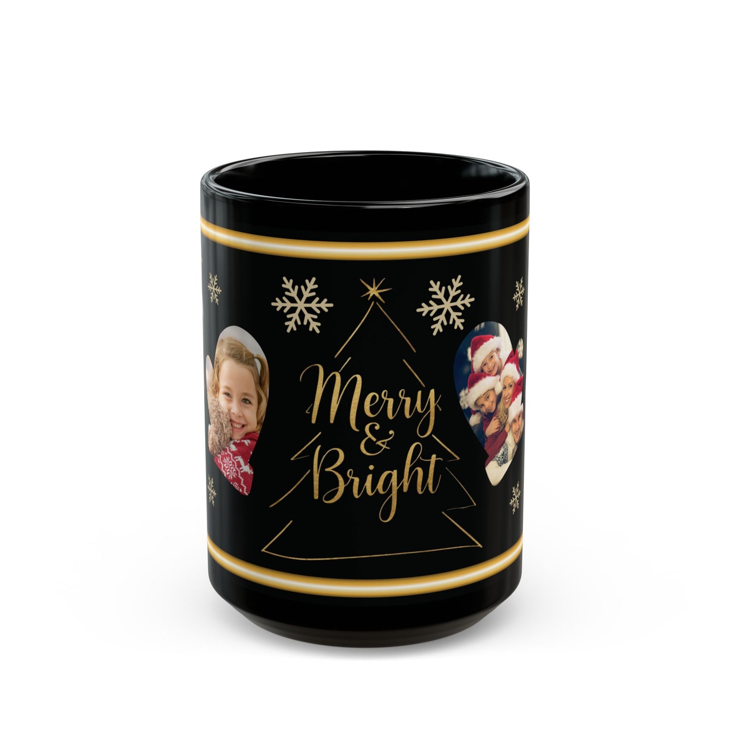 Personalized Christmas Photo Mug, Custom Holiday Picture Coffee Cup, Merry & Bright Gold Wrap Design, 11oz & 15oz