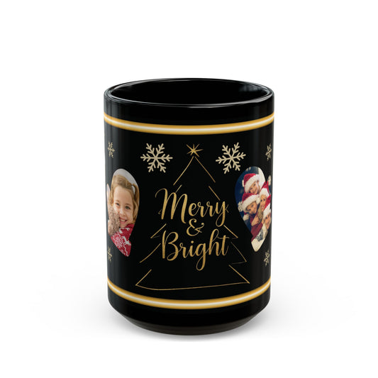 Personalized Christmas Photo Mug, Custom Holiday Picture Coffee Cup, Merry & Bright Gold Wrap Design, 11oz & 15oz