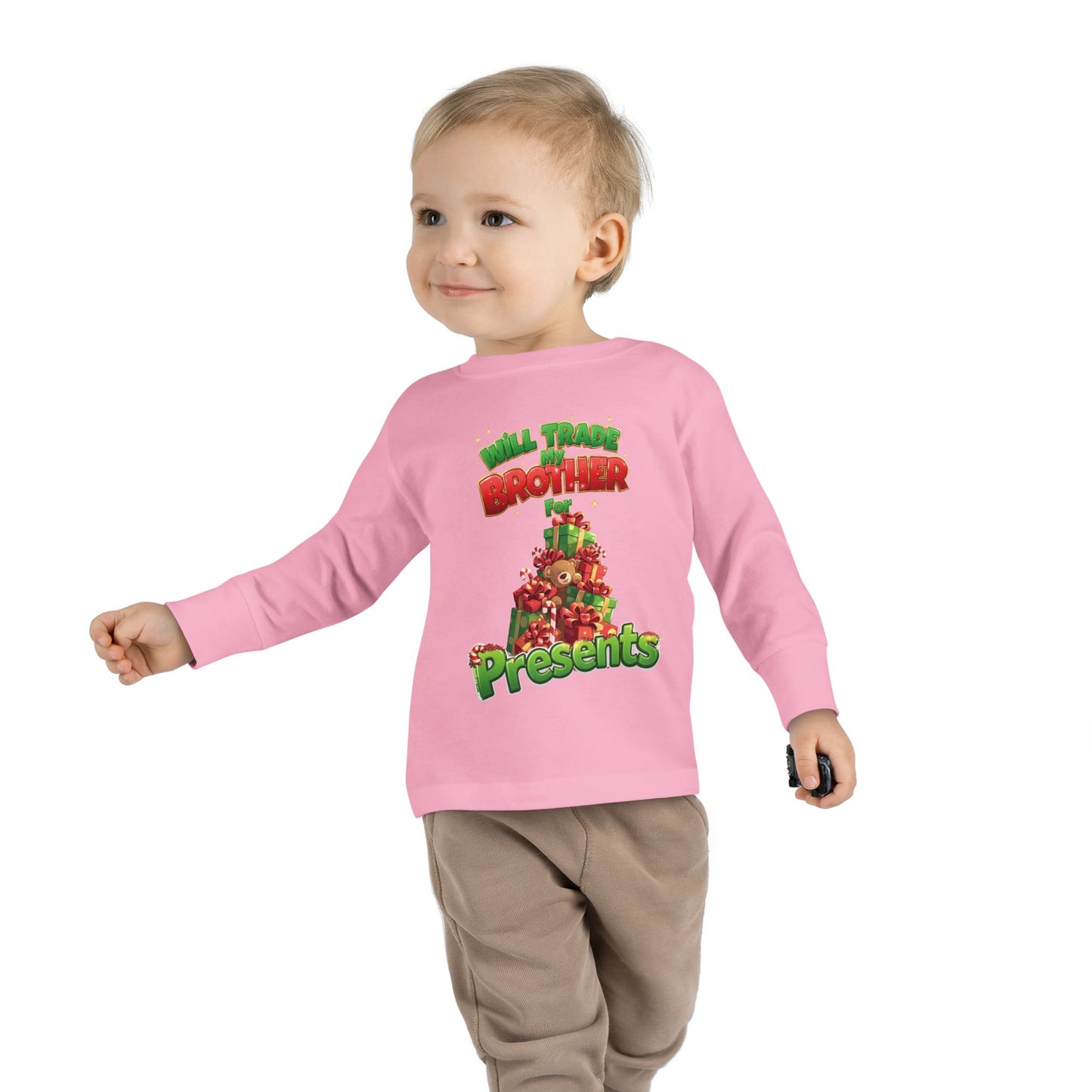 Toddler Christmas Long Sleeve Tee with 'Will Trade Brother for Presents' Design, Kids Holiday T-Shirt, Christmas Gift for Toddlers