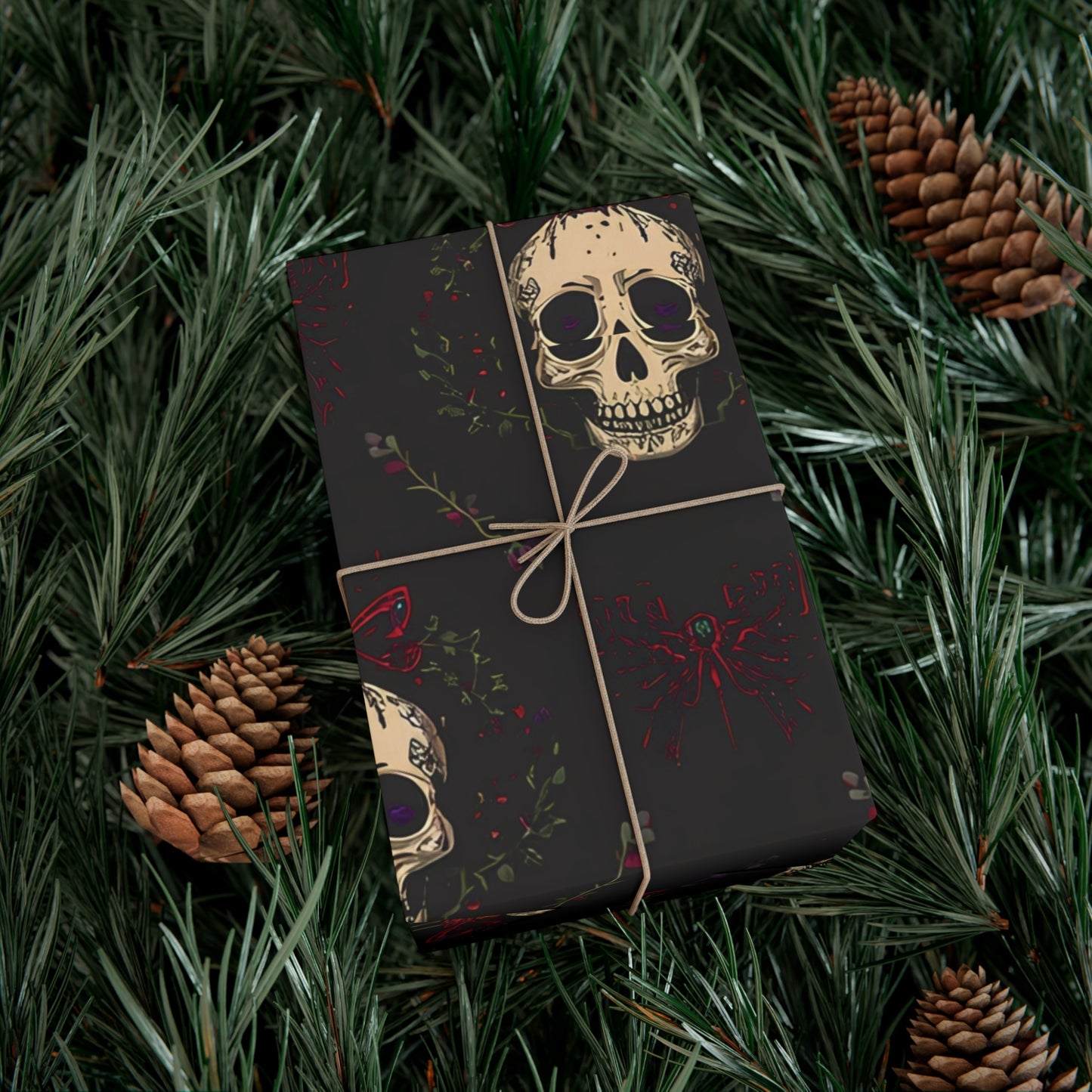 Hollyween Christmas Wrapping Paper – Gothic Holiday Gift Wrap with Skulls, Pumpkins & Bows