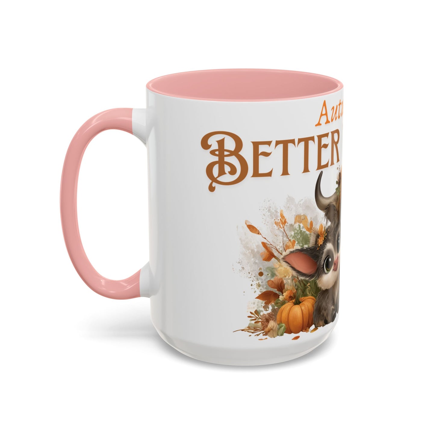 Autumn is Better Together Highland Cow Accent Coffee Mug Fall Mama and Baby Cow Cup White Ceramic with Color Handles 11oz or 15oz
