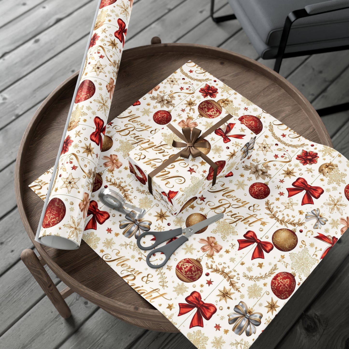 Merry & Bright Christmas Wrapping Paper – Elegant Red, Gold & Silver Ornament Gift Wrap