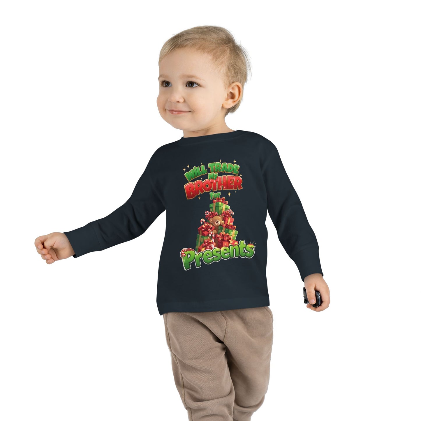 Toddler Christmas Long Sleeve Tee with 'Will Trade Brother for Presents' Design, Kids Holiday T-Shirt, Christmas Gift for Toddlers